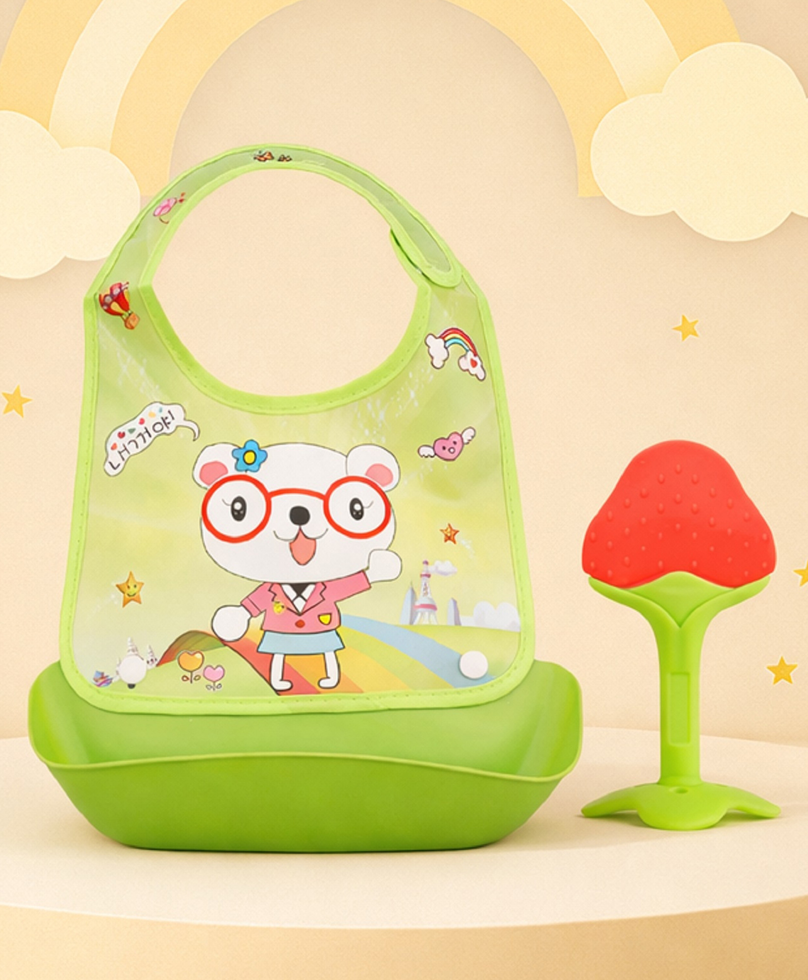 The Cheeky Kidzz Baby Silicone Bib With Removable Food Catcher And Soft Silicone Fruit Shape Molar Teething Teether BPA Free (GREEN)-image-43
