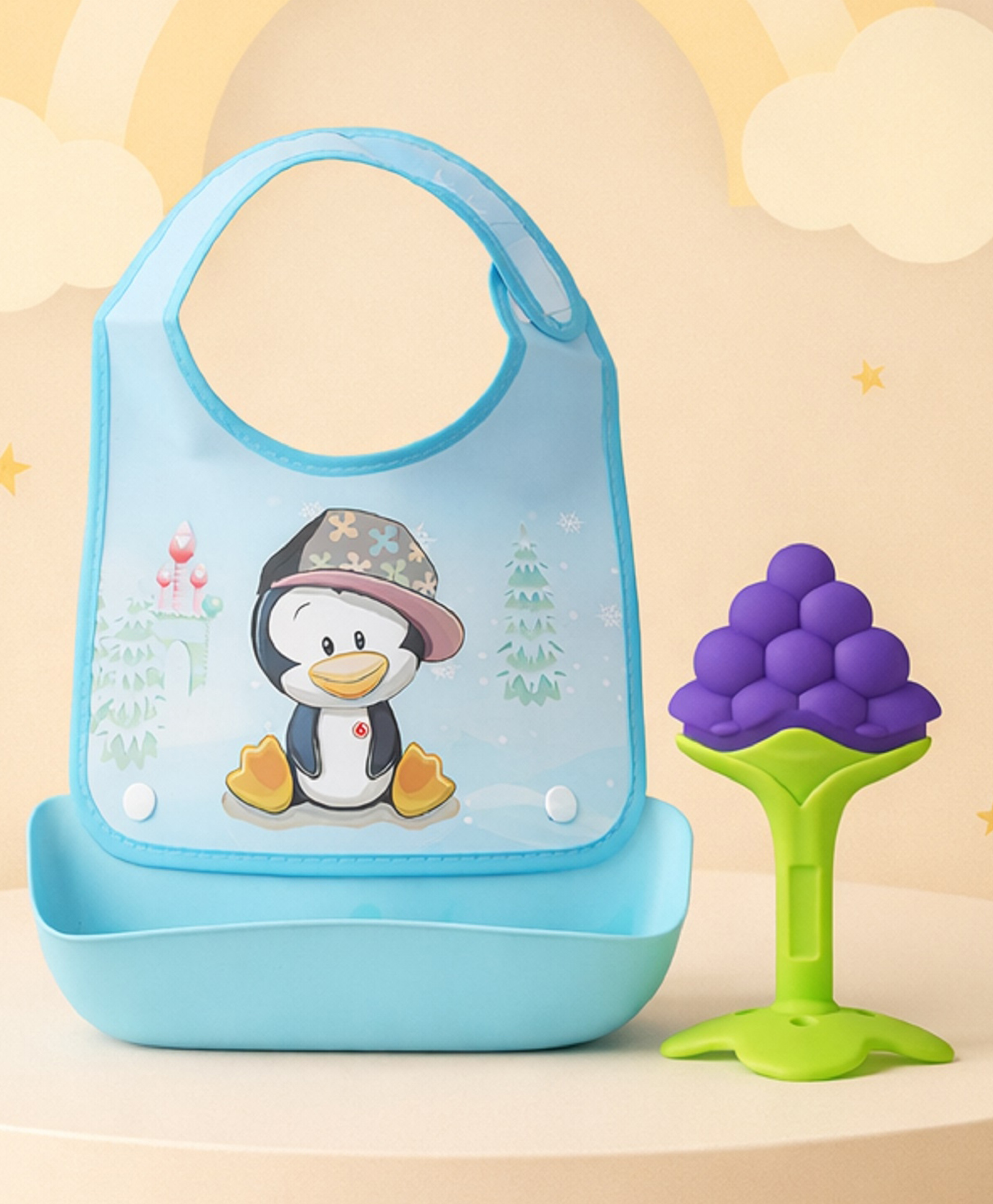 The Cheeky Kidzz Baby Silicone Bib With Removable Food Catcher And Soft Silicone Fruit Shape Molar Teething Teether BPA Free (BLUE)-image-42