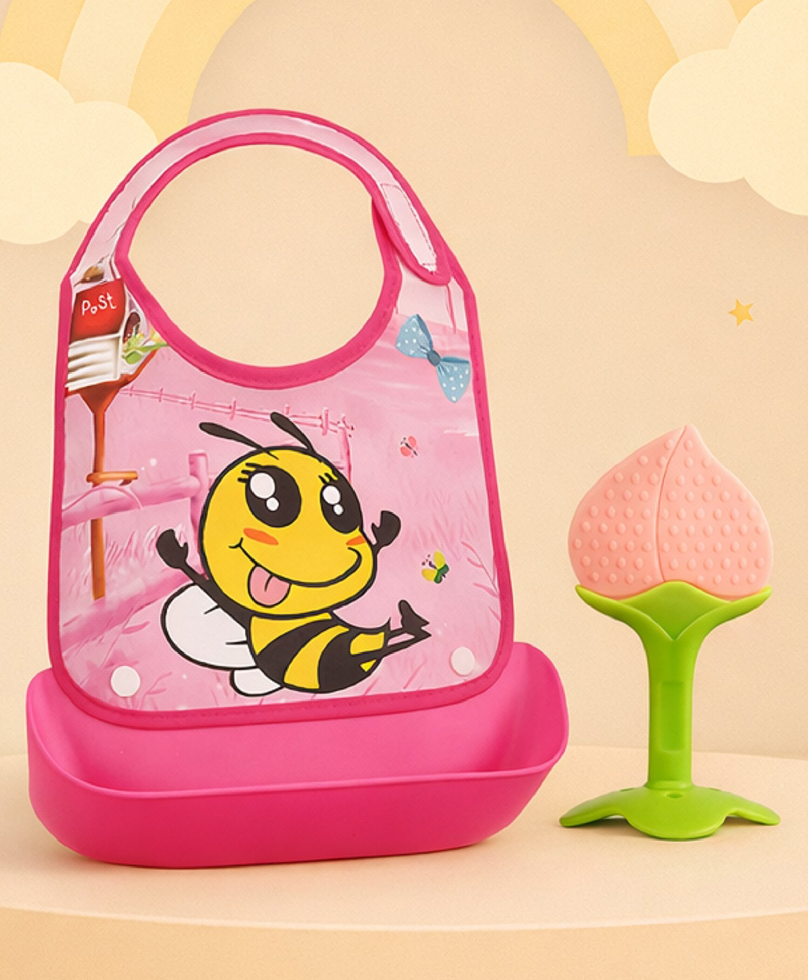 The Cheeky Kidzz Baby Silicone Bib With Removable Food Catcher And Soft Silicone Fruit Shape Molar Teething Teether BPA Free (PINK)-picture-19
