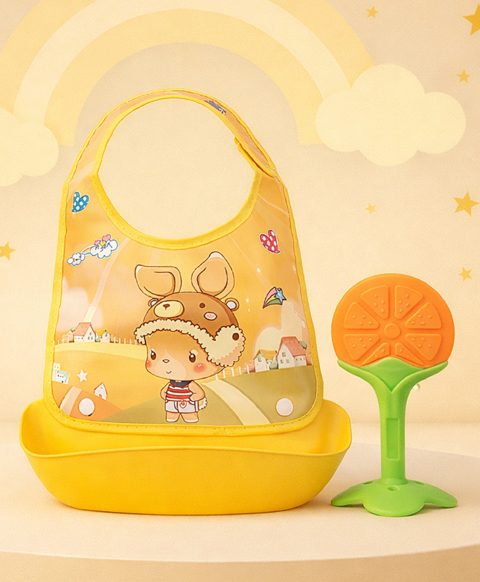 The Cheeky Kidzz Baby Silicone Bib With Removable Food Catcher And Soft Silicone Fruit Shape Molar Teething Teether BPA Free (YELLOW)-image-48