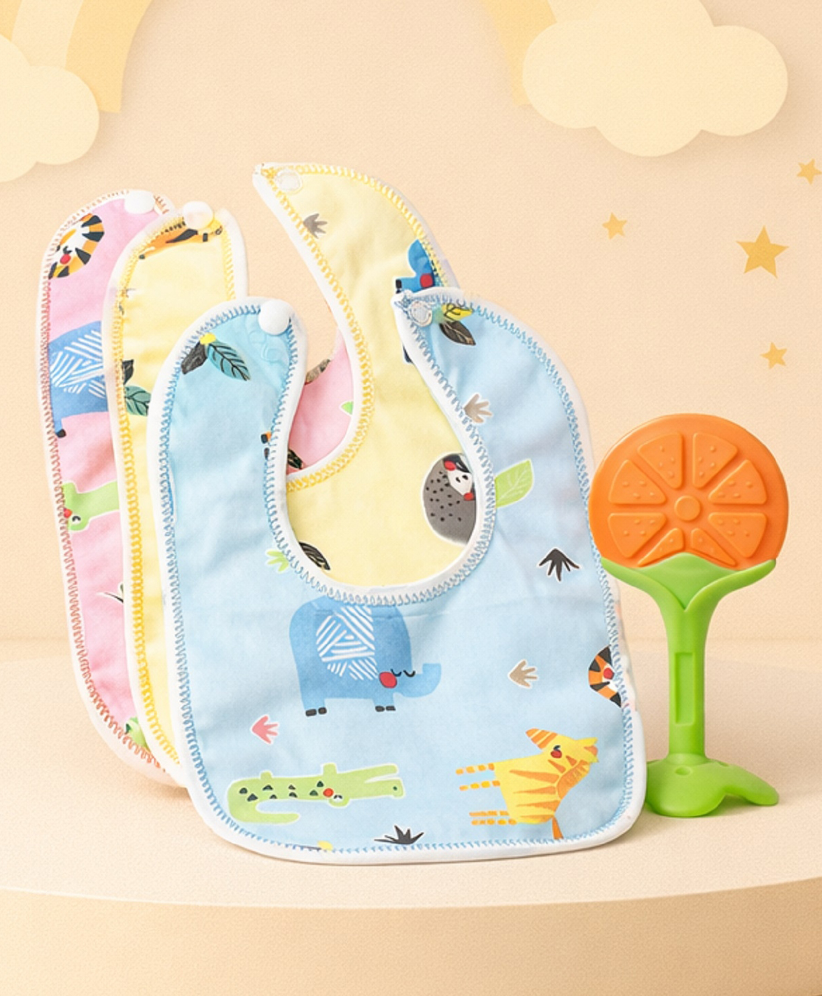 The Cheeky Kidzz Baby 3 Feeding Muslin Cotton Attractive Printed Snap Button Style Bibs With 1 Soft Silicone Fruit Feeder Teether BPA Free-image-35