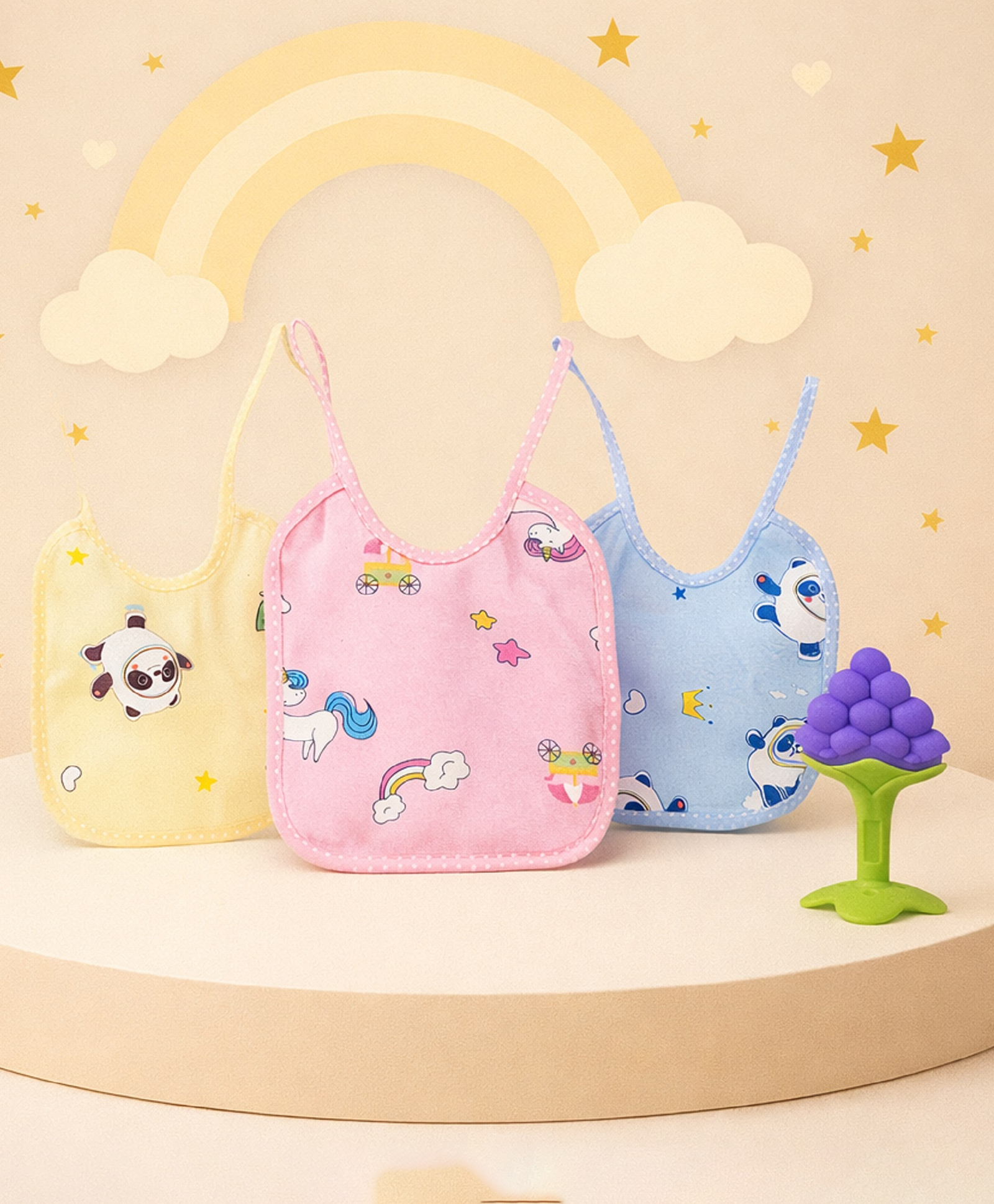 The Cheeky Kidzz Baby 3 Feeding Muslin Cotton Overall Printed Knot Style Bibs With 1 Soft Silicone Fruit Feeder Teether BPA Free (0-12 Months)-picture-14