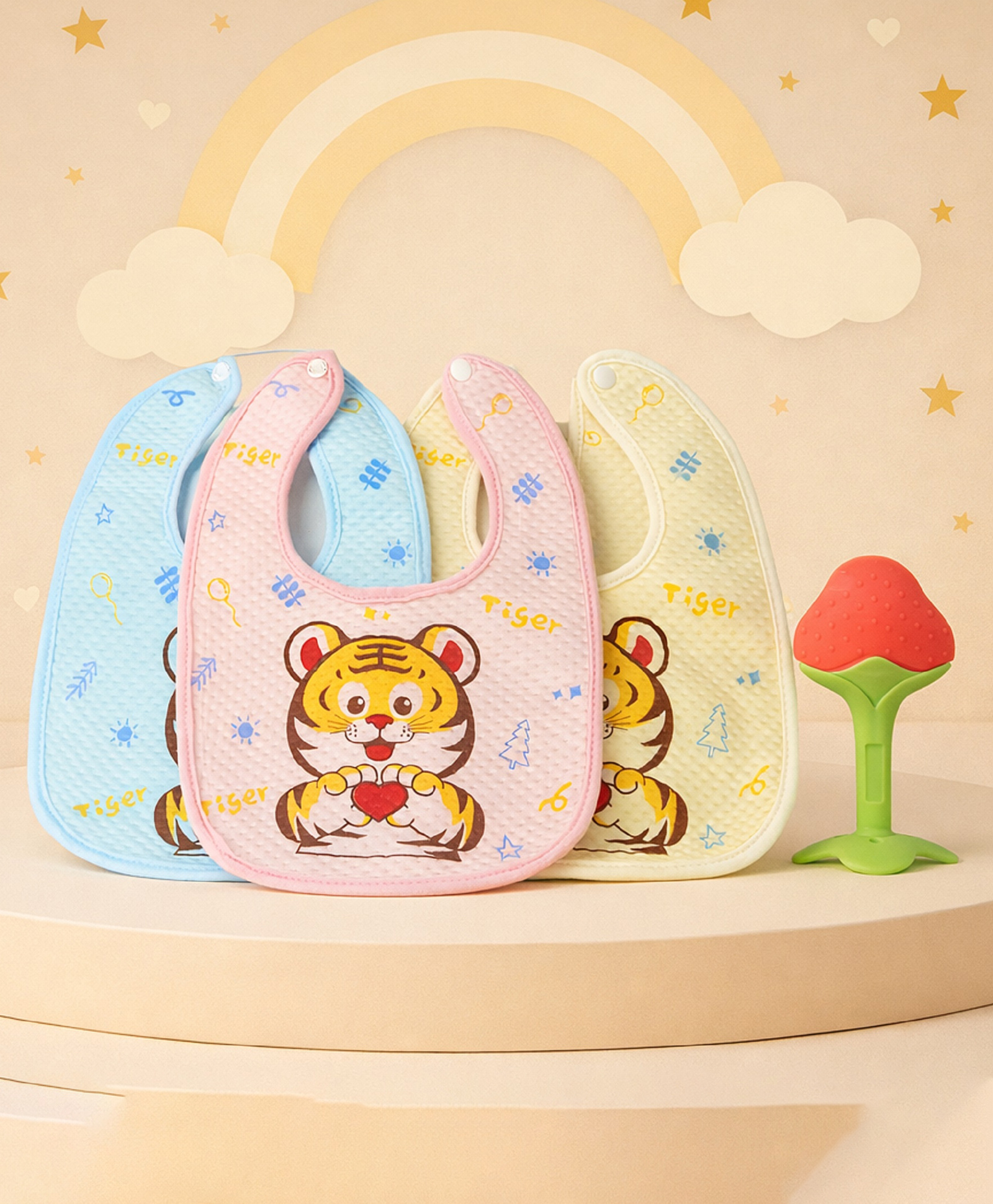 The Cheeky Kidzz Baby 3 Feeding Muslin Cotton Quilted Double Layers Tiger Print Snap Button Style Bibs With 1 Soft Silicone Fruit Feeder Teether BPA Free-image-36