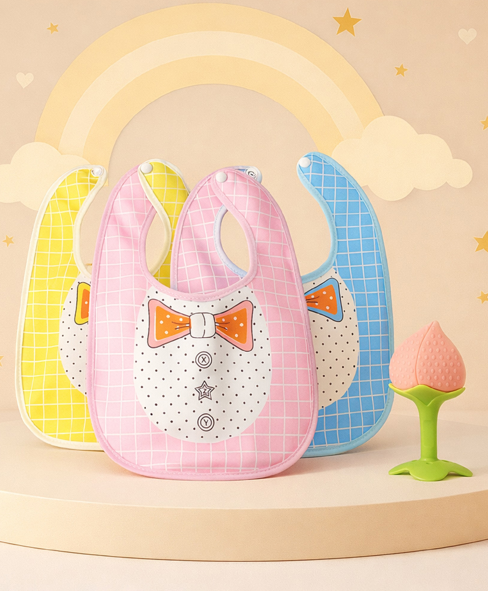 The Cheeky Kidzz Baby 3 Feeding Muslin Cotton Quilted Double Layers Bow Print Snap Button Style Bibs With 1 Soft Silicone Fruit Feeder Teether BPA Free-image-15