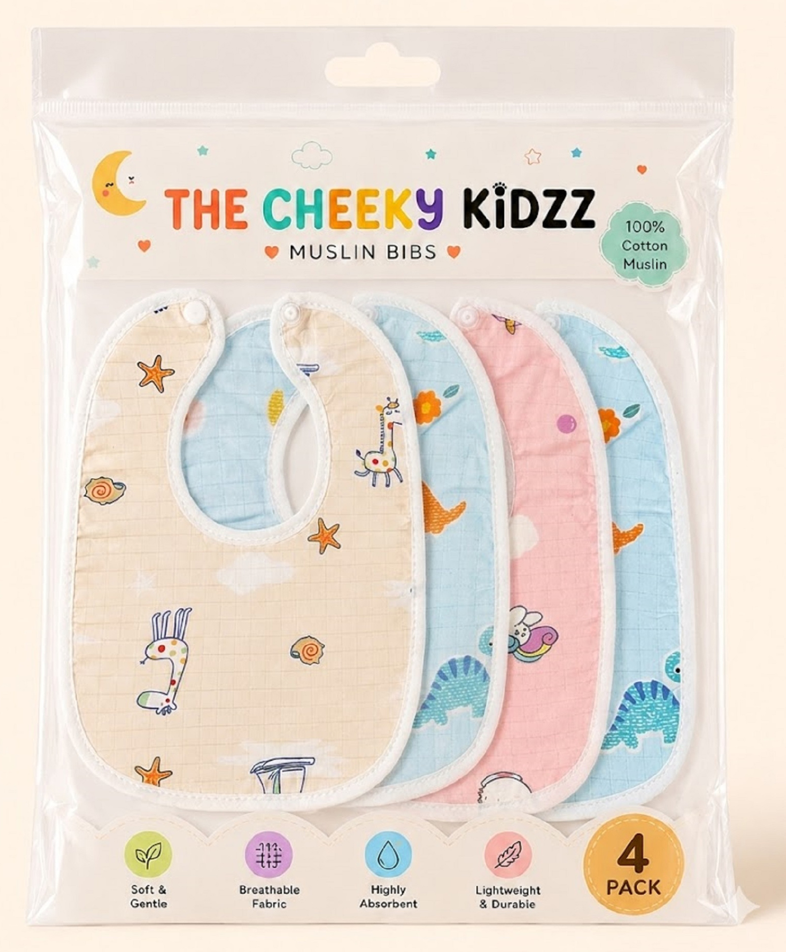 The Cheeky Kidzz Baby Muslin Soft Cotton Drool Feeding Bibs Absorbent Adjustable Assorted Printed Snap Closure For Perfect Fit Everyday Use Aprons 0 to 24 Months (PACK OF 4)-image-38
