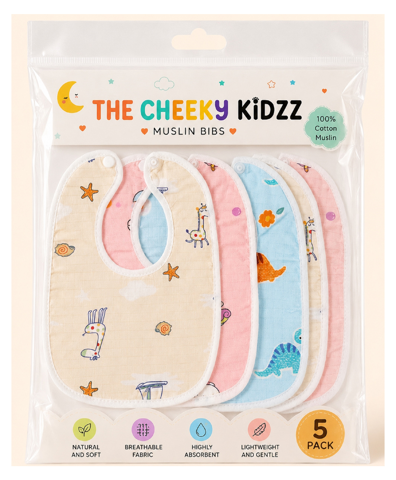 The Cheeky Kidzz Baby Muslin Soft Cotton Drool Feeding Bibs Absorbent Adjustable Assorted Printed Snap Closure For Perfect Fit Everyday Use Aprons 0 to 24 Months (PACK OF 5)-image-3