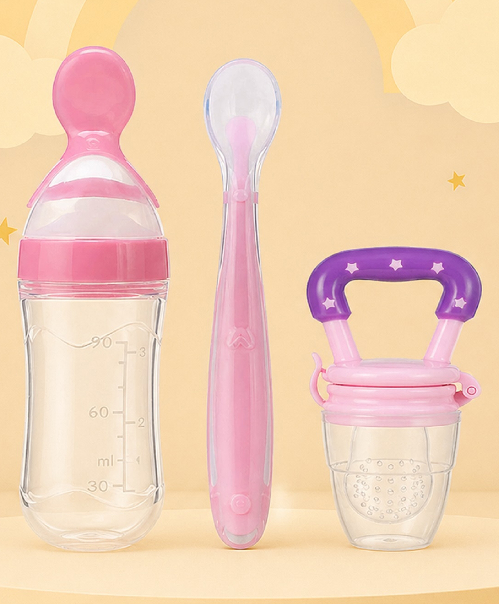 The Cheeky Kidzz Baby 1 Spoon Feeding 90ml Bottle With 1 Silicone Tip Feeding Spoon And 1 Star Fruit Feeder Soother Nibbler Teether BPA-Free (PINK)-image-26