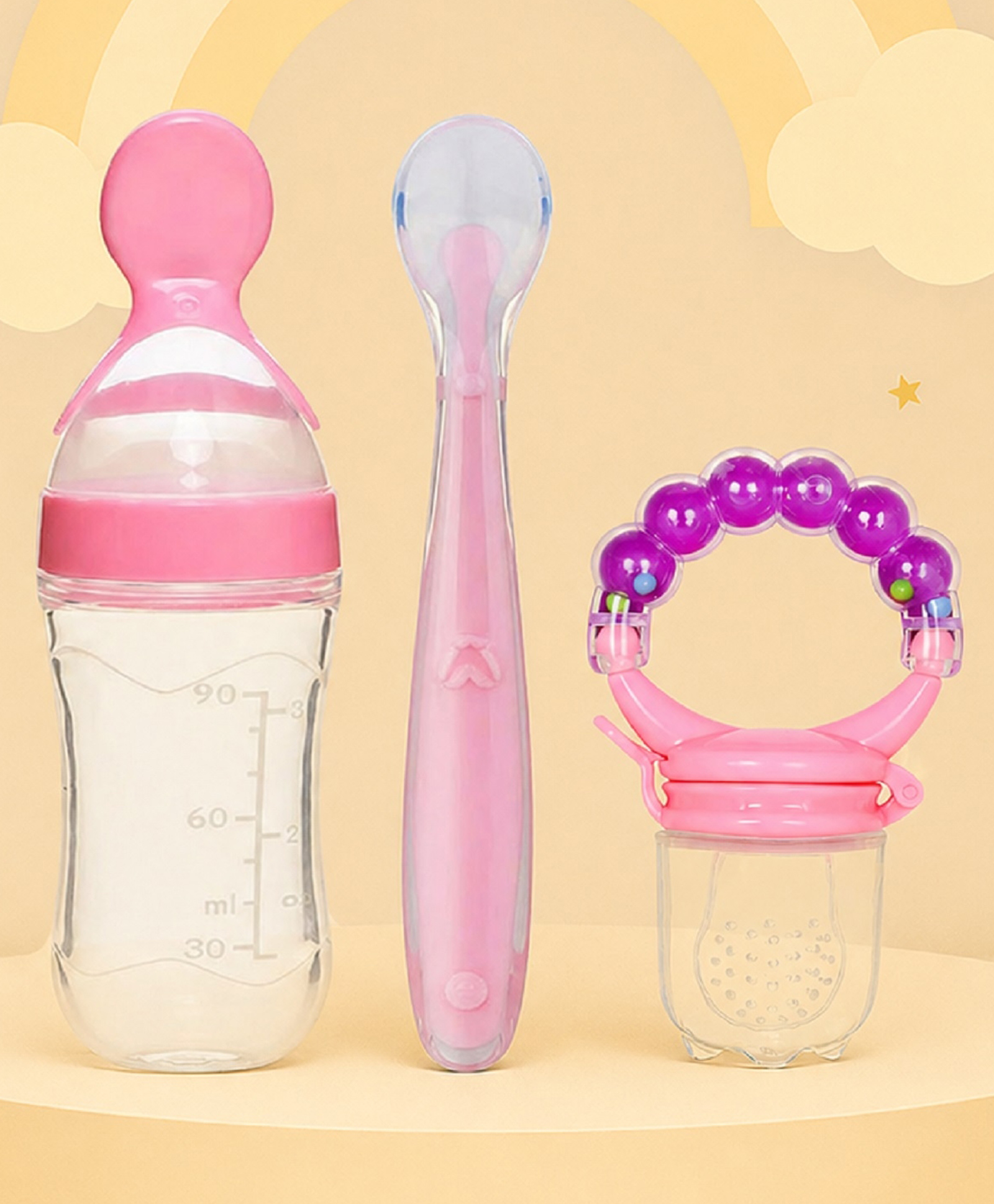 The Cheeky Kidzz Baby 1 Spoon Feeding 90ml Bottle With 1 Silicone Tip Feeding Spoon And 1 Musical Rattle Fruit Feeder Soother Nibbler Sucker Teether BPA-Free (PINK)-image-38