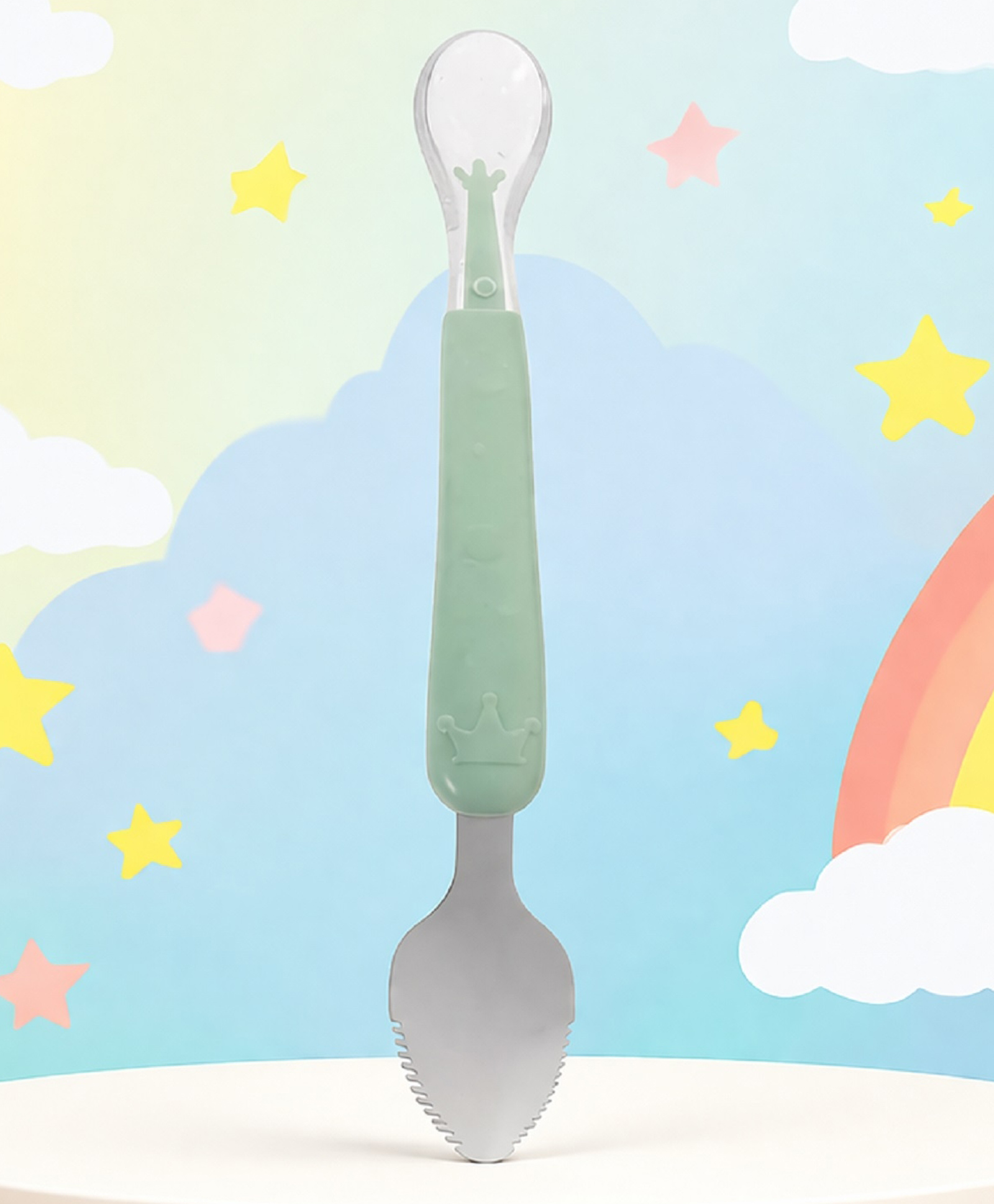 Tinny Tots Baby Double Head Bendable Silicone Spoon With Other Side Stainless Steel Scraping Mud Feeding Spoon BPA Free (Green)-picture-10
