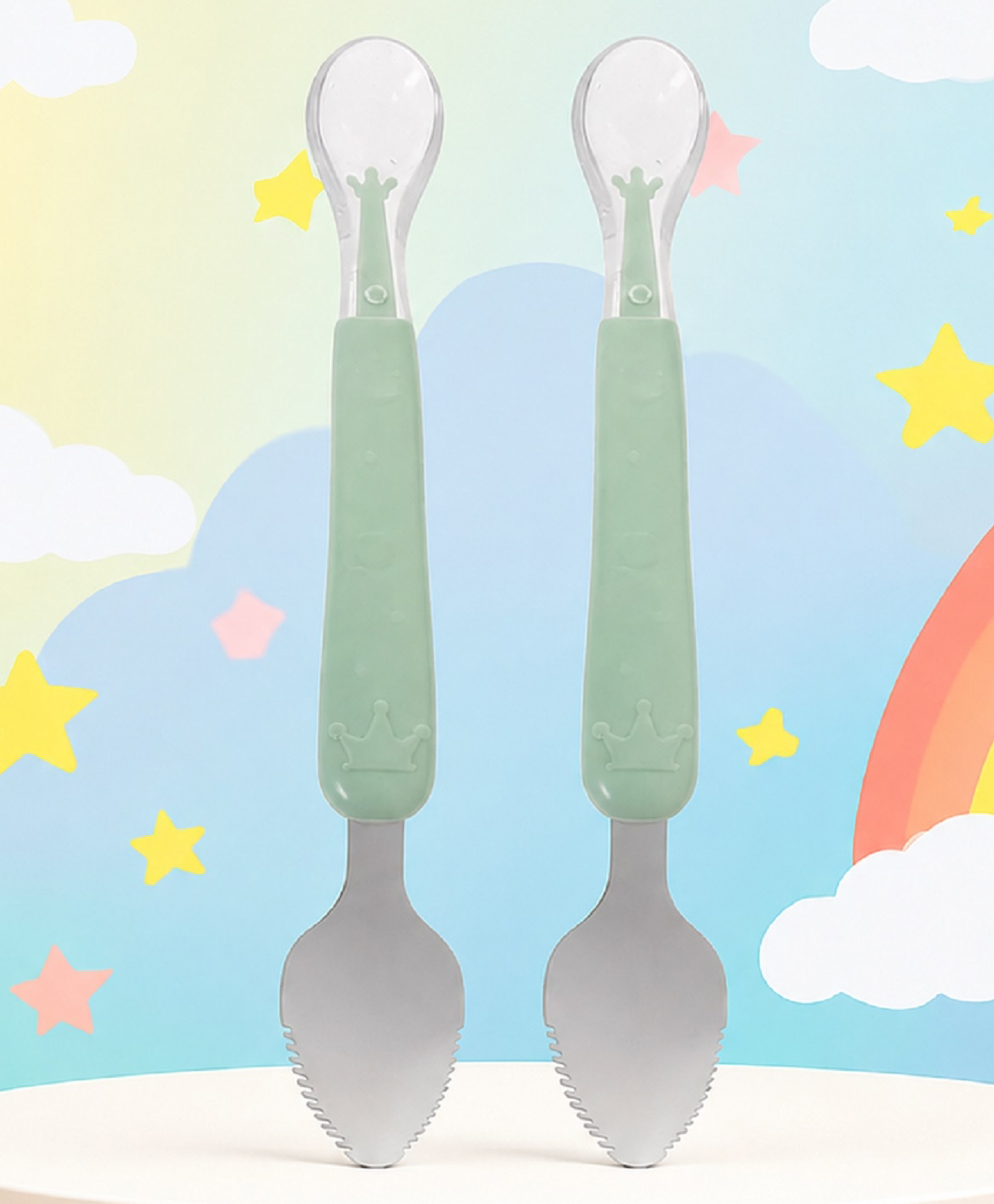 Tinny Tots Pack Of 2 Baby Double Head Bendable Silicone Spoon With Other Side Stainless Steel Scraping Mud Feeding Spoon BPA Free (GREEN)-image-20