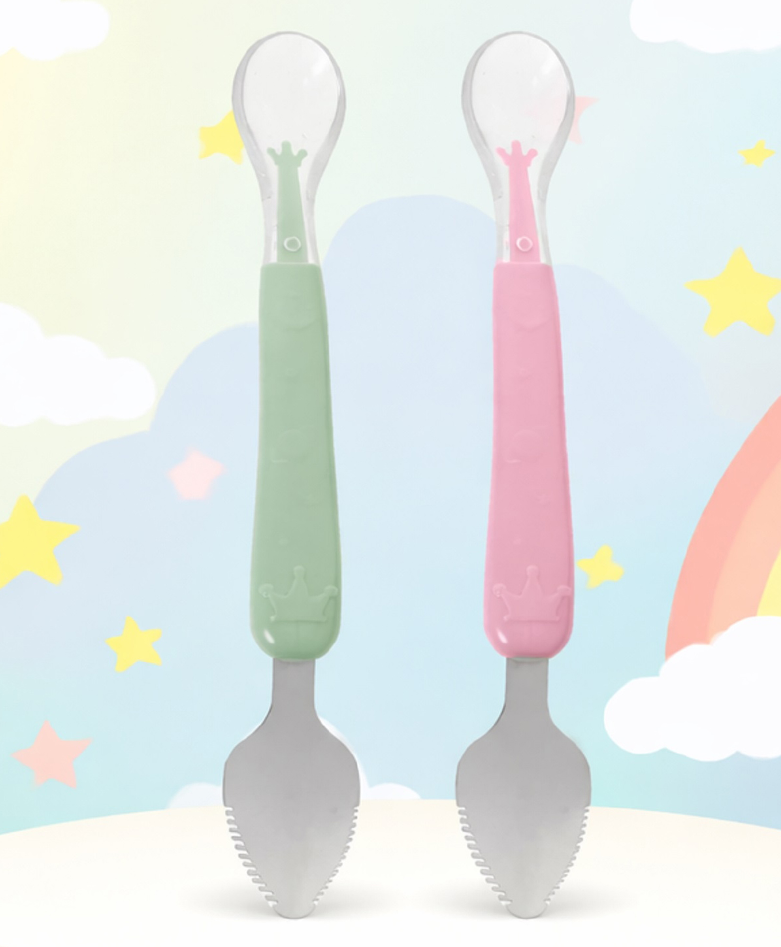 Tinny Tots Pack of 2 Baby Double Head Bendable Silicone Spoon With Other Side Stainless Steel Scraping Mud Feeding Spoon BPA Free-image-21