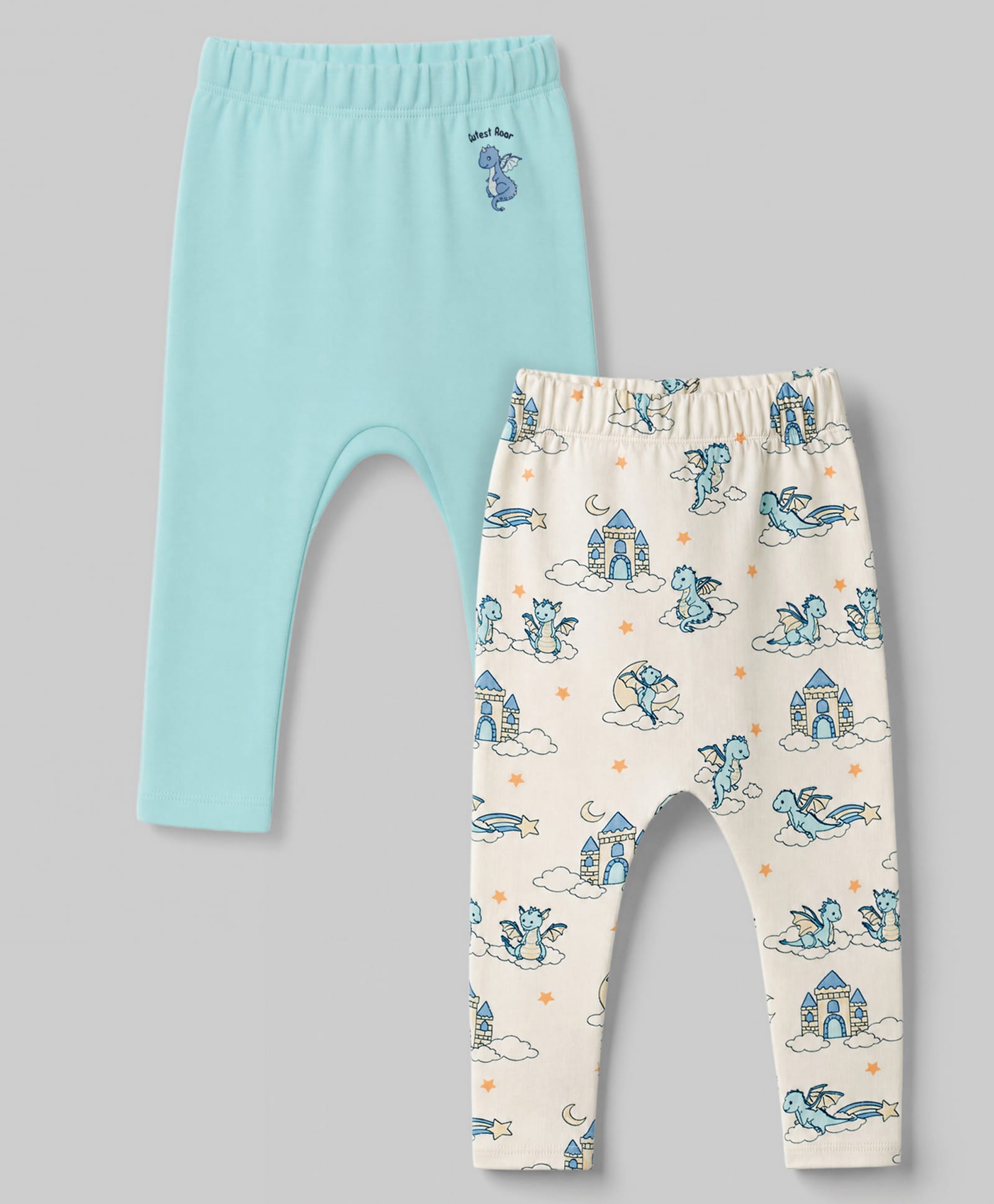 Babyoye 100% Cotton Interlock Knit With Eco Jiva Finish Full Length Dino Printed Diaper Leggings Pack Of 2 - Light Blue & OffWhite-picture-18