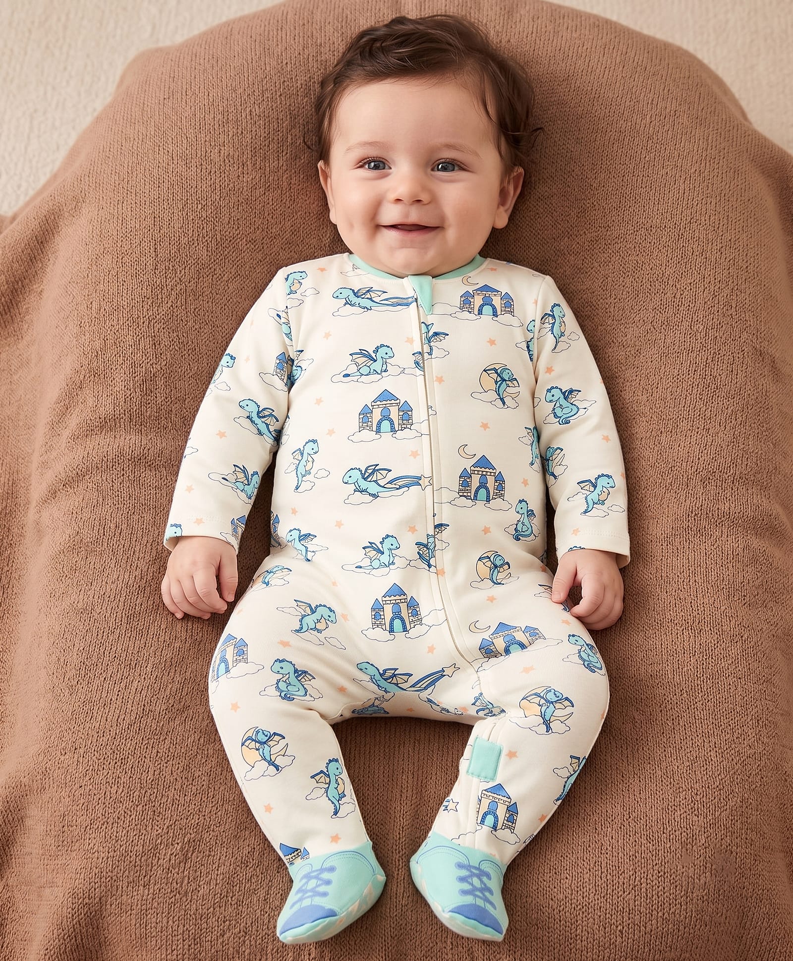 Babyoye 100% Cotton Interlock Knit Fulll Sleeves Dinosaur Printed Sleep Suit with Ecojiva Finish - Cream-picture-13