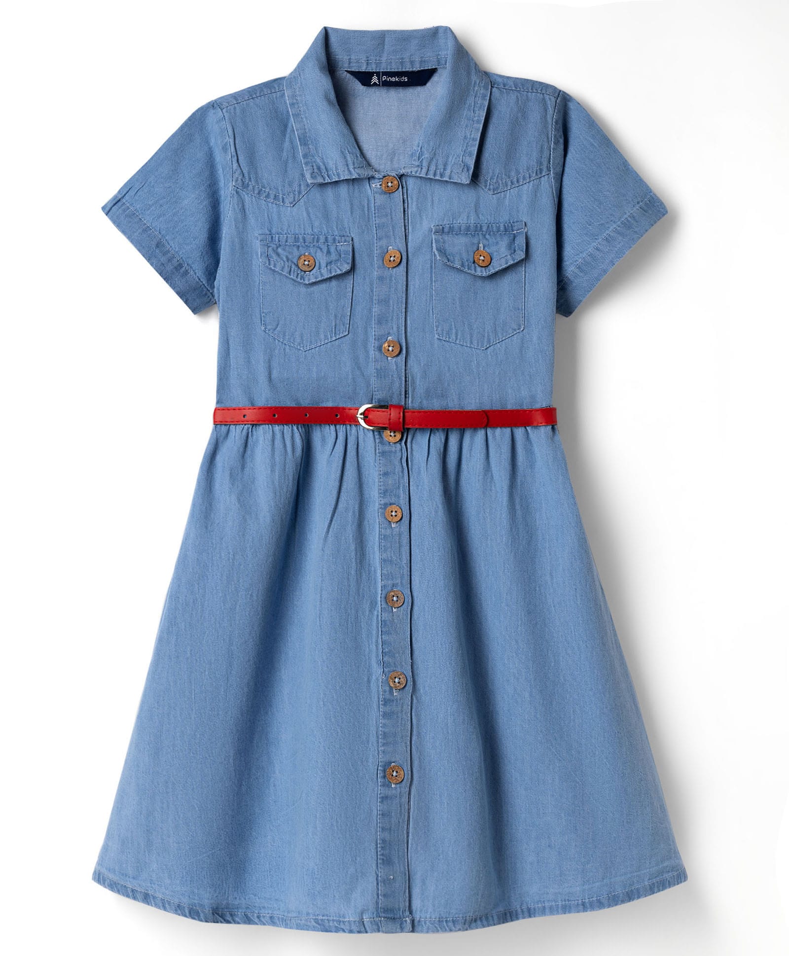 Pine Kids Cotton Woven Half Sleeves Solid Colour Shirt Dress with Belt - Light Blue-picture-21