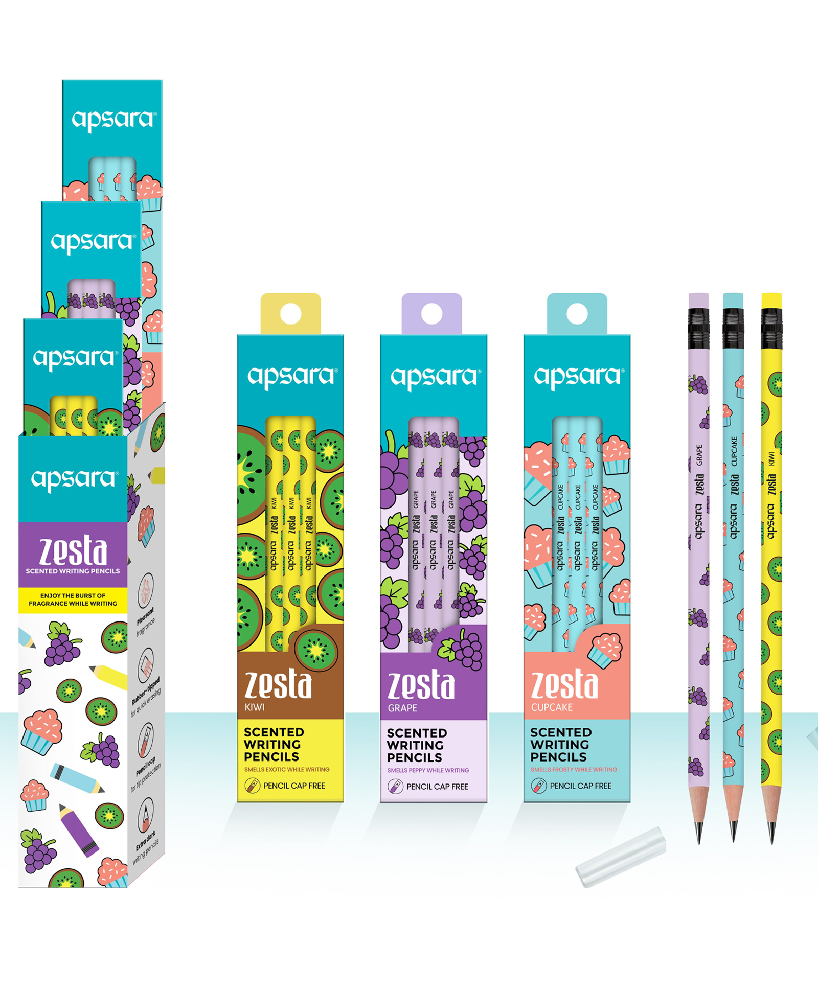 Apsara Zesta Scented Writing Pencils Pack of 3 with Eraser Tip & Pencil Caps - Multicolor-picture-17
