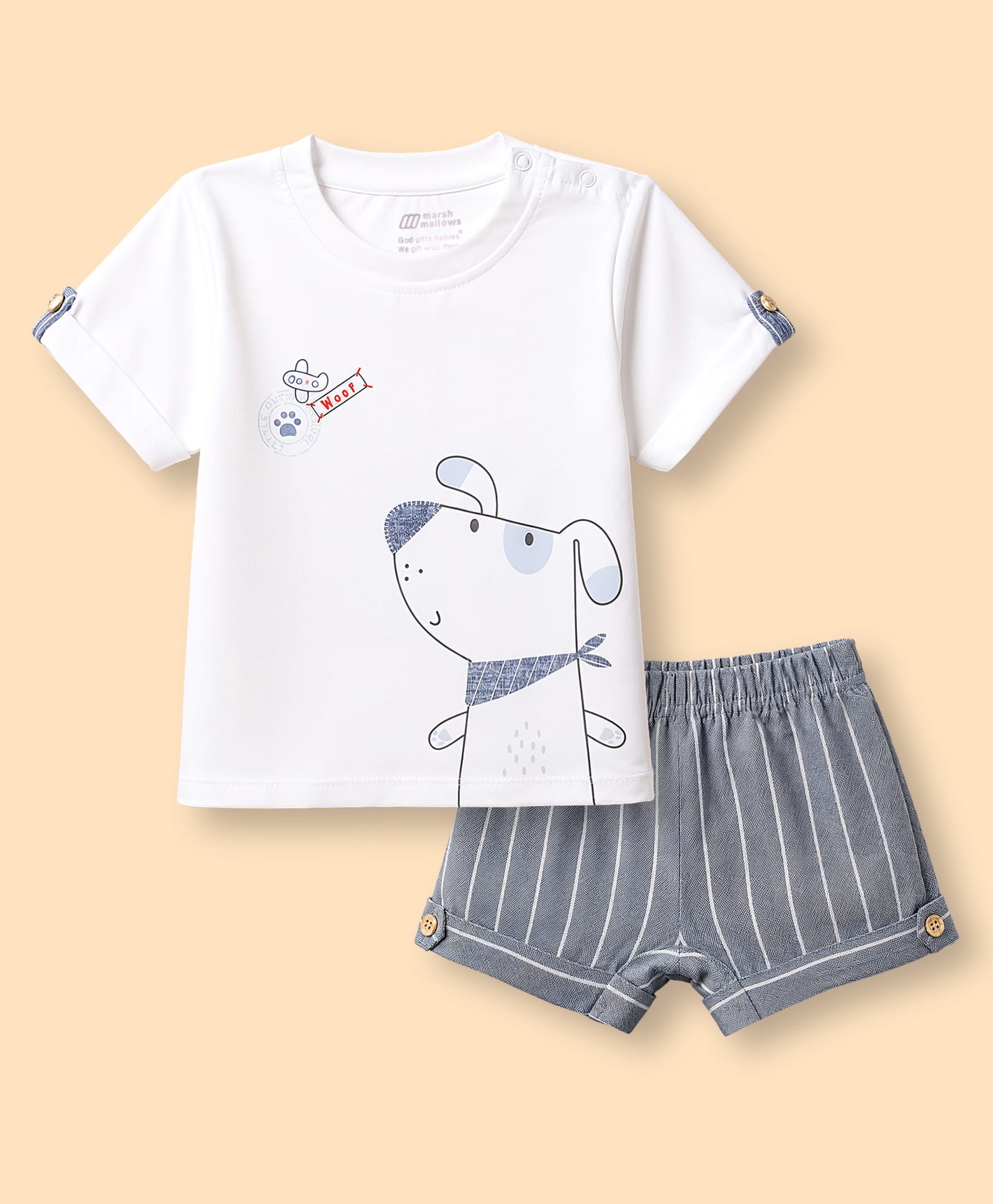 marshmallows Knitted Half Sleeves Puppy Printed & Striped T-shirt & Shorts Set - White & Grey-image-22