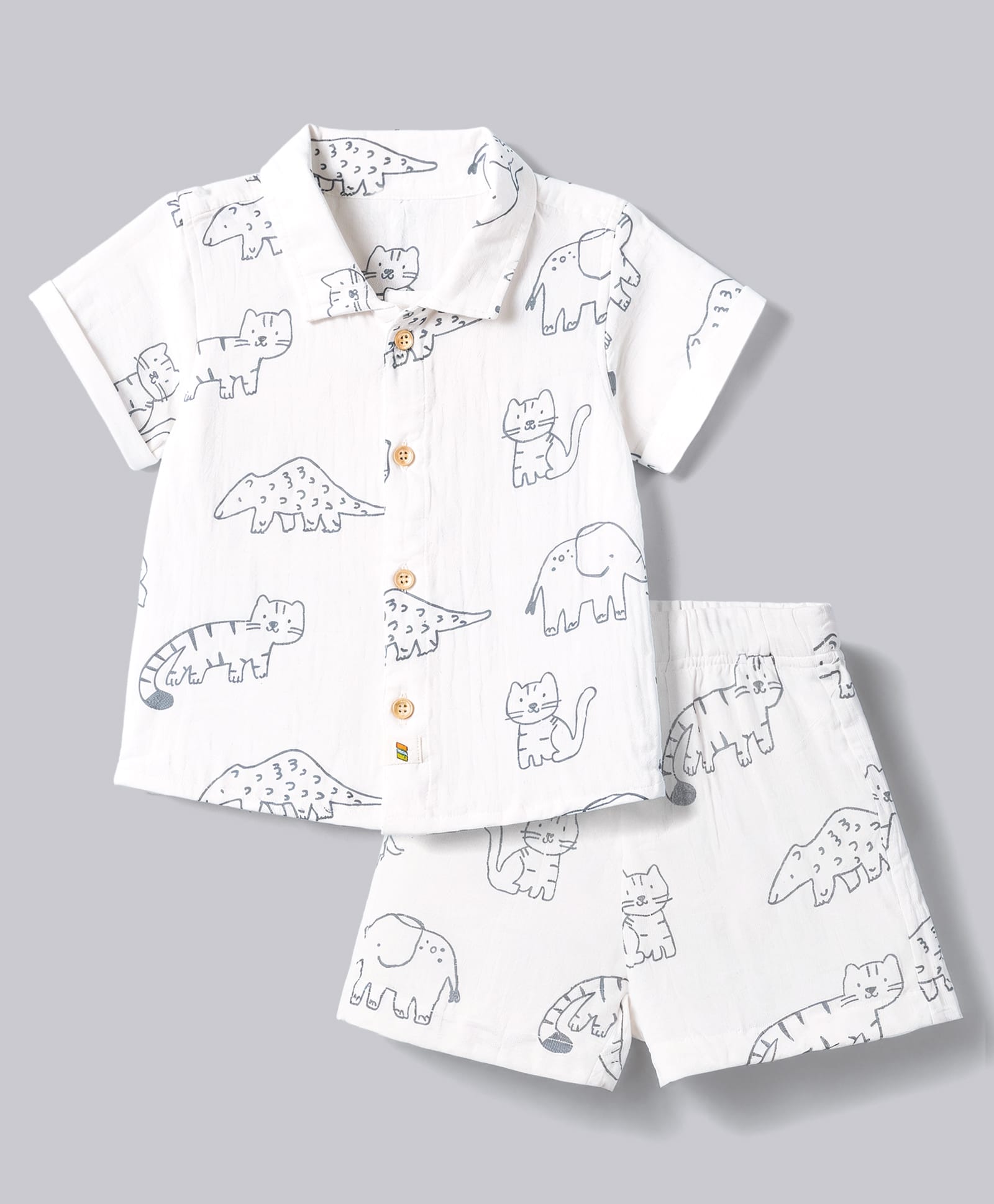 marshmallows Cotton Knitted Half Sleeves Co-ord Shirt & Shorts Set With Animals Print - White-picture-16