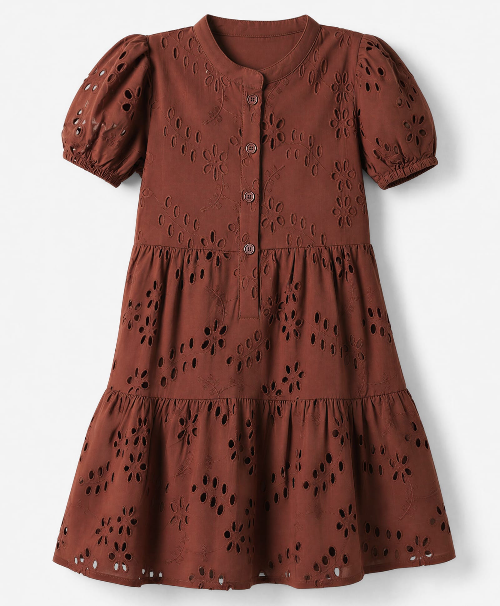 Pine Kids Woven Half Sleeves Dress with Floral Embroidery - Brown-picture-7