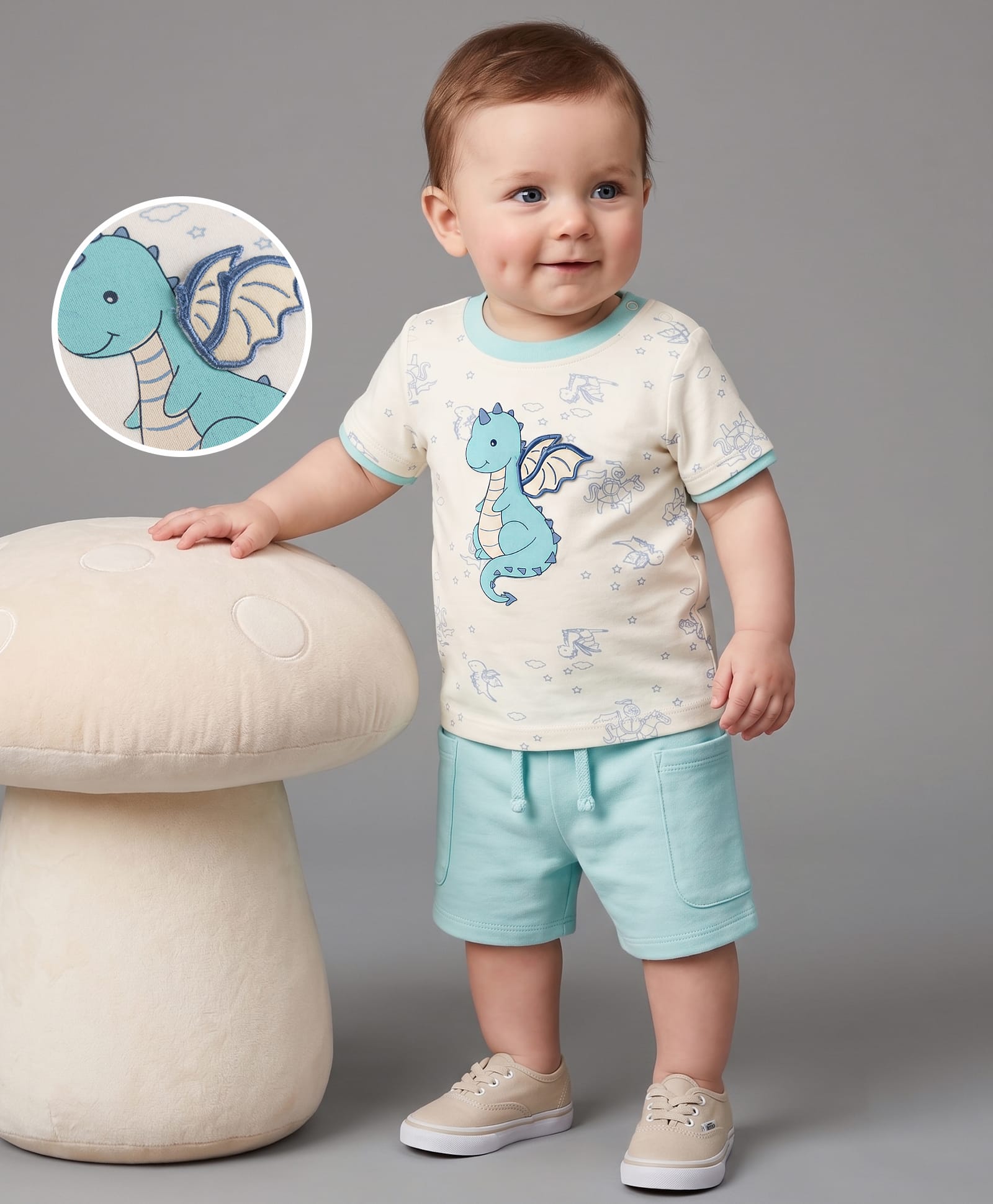 Babyoye 100% Cotton Knit 40's Interlock with Ecojiva Finish Half Sleeves Dino Printed T-Shirt & Shorts Set - Cream & Aqua Blue-picture-17
