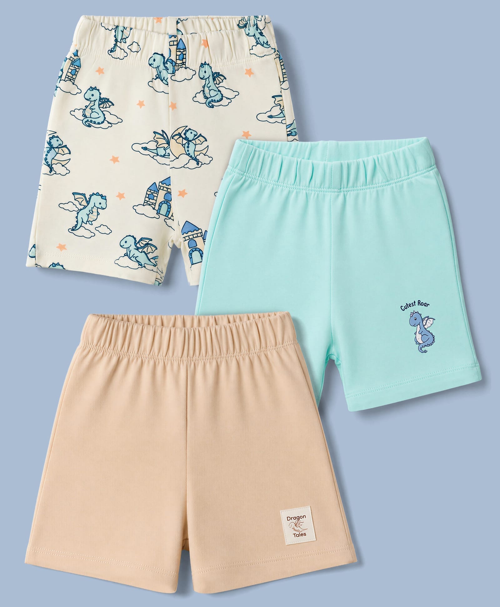 Babyoye 100% Cotton Interlock with Ecojiva Finish Dragon Printed Shorts Pack of 3 - Aqua Blue-picture-25