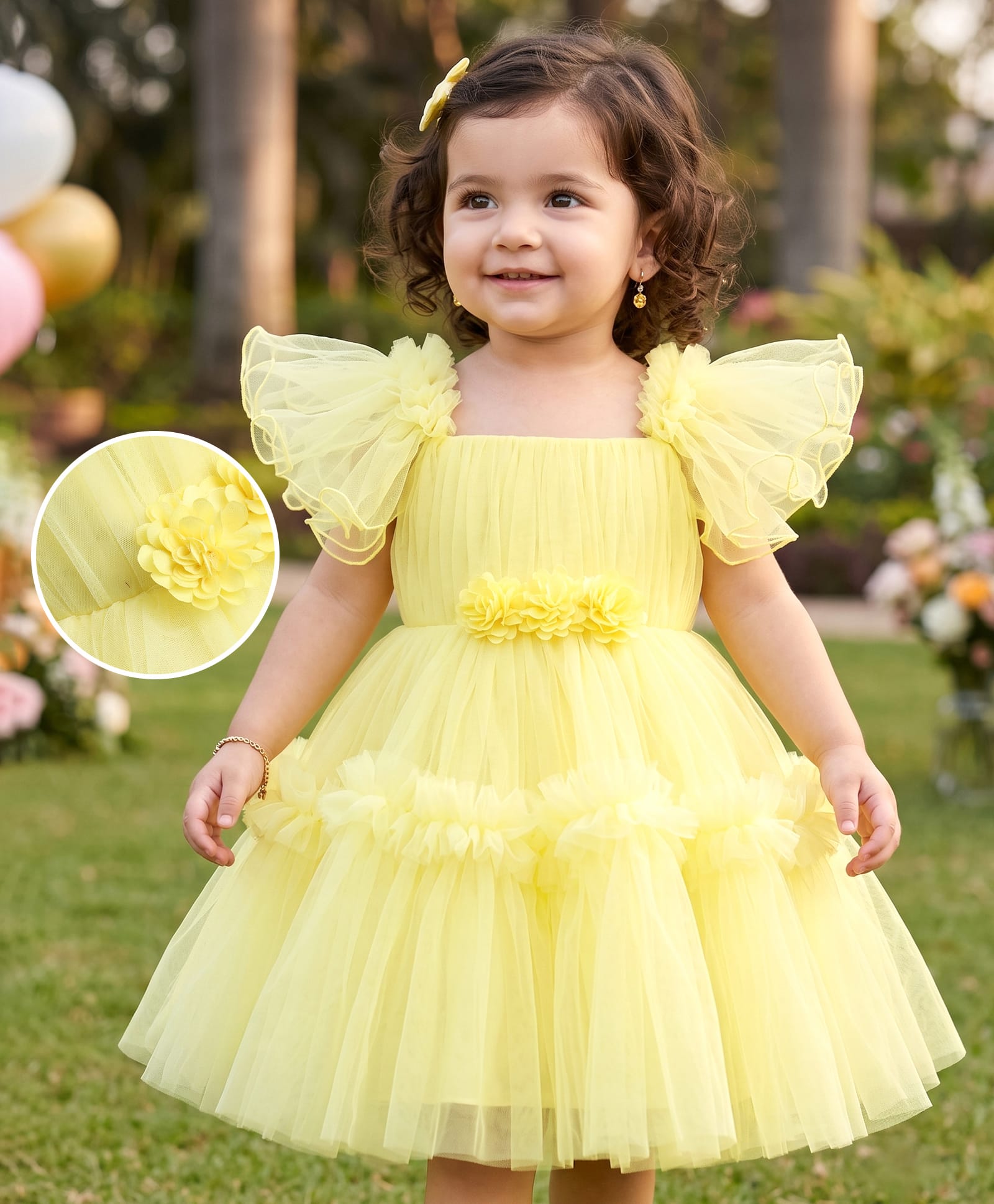 Babyhug Mesh Woven Half Sleeves Solid Party Dress With Corsage - Yellow-image-3