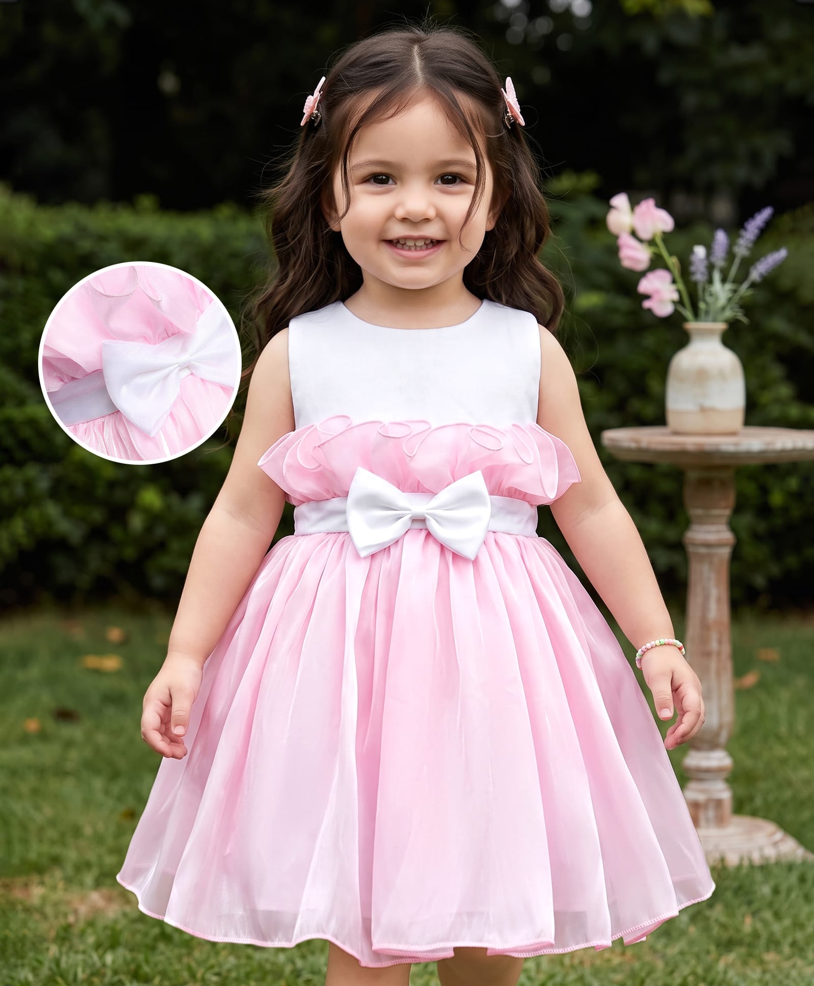 Babyhug Organza Woven Sleeveless Party Frock With Bow Applique - Pink & White-image-20