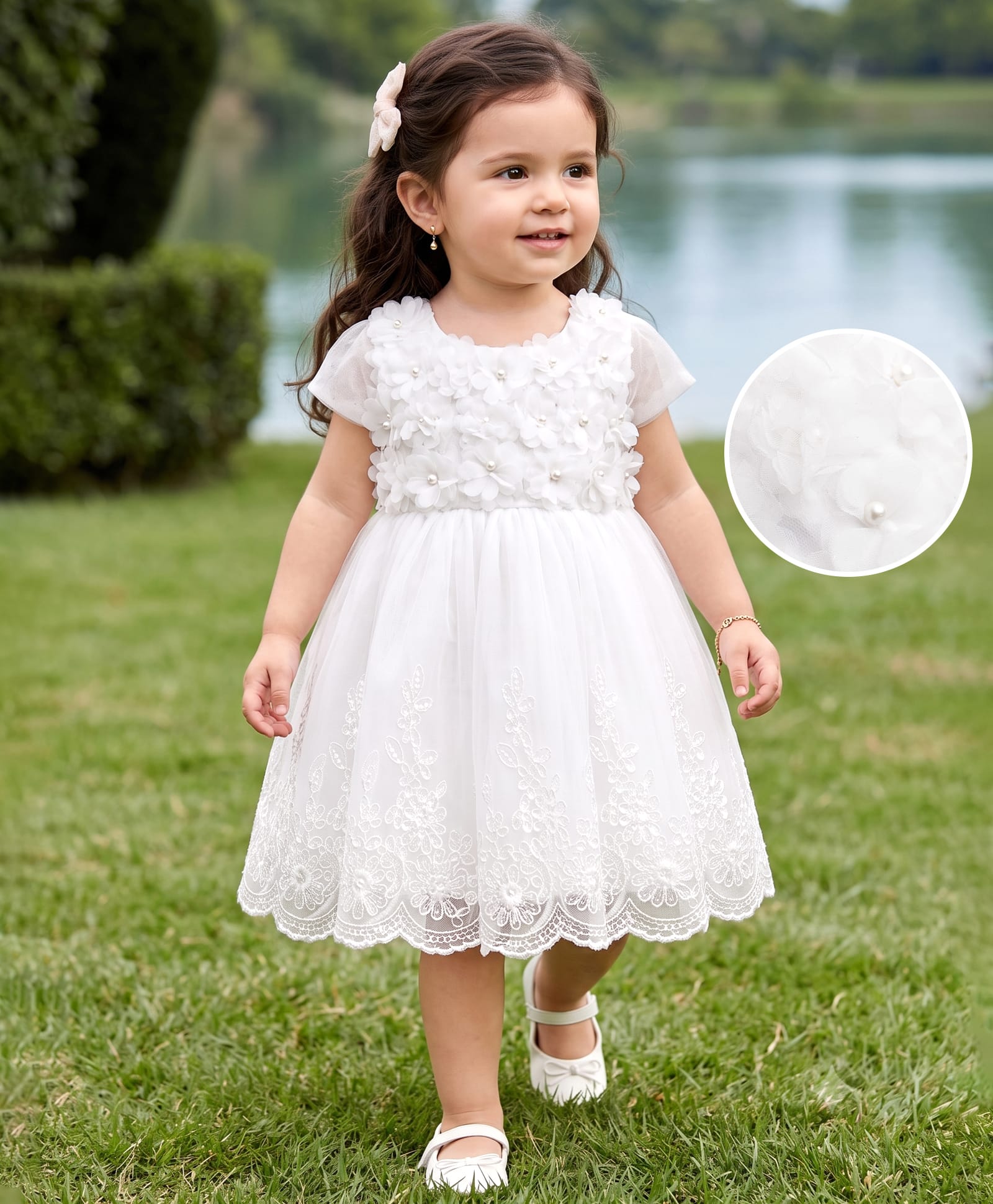 Babyhug Mesh Woven Cap Sleeves Solid Colour Frock with Floral Applique - White-image-46