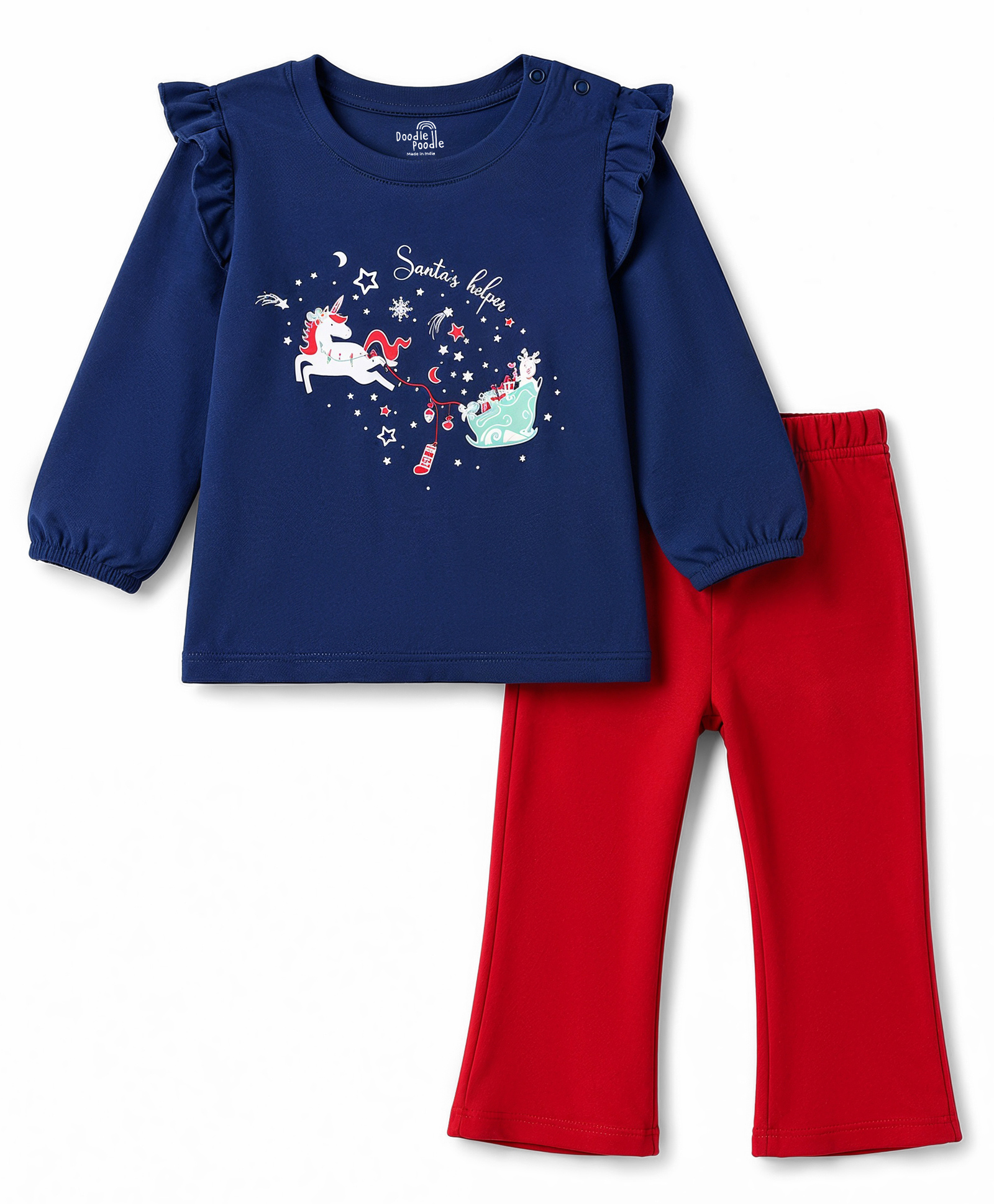Doodle Poodle 100% Cotton Knit Full Sleeves Star Unicorn & Text Printed Top & Pant Set - Navy Blue-image-15