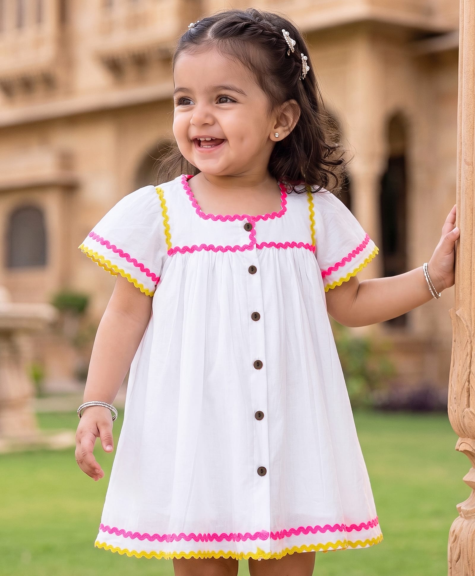 EARTHY TOUCH Cotton Woven Half Sleeves Solid Ethnic Dress With Lace Detailing - White-image-47