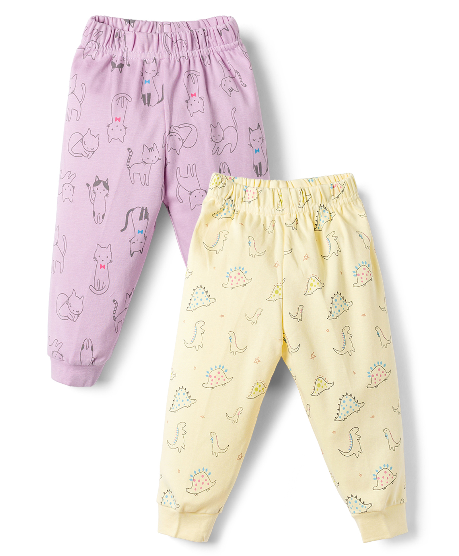 Pink Rabbit Interlock Knit Full Length Lounge Pant with Kitty & Dino Print Pack of 2 - Yellow & Purple-picture-9