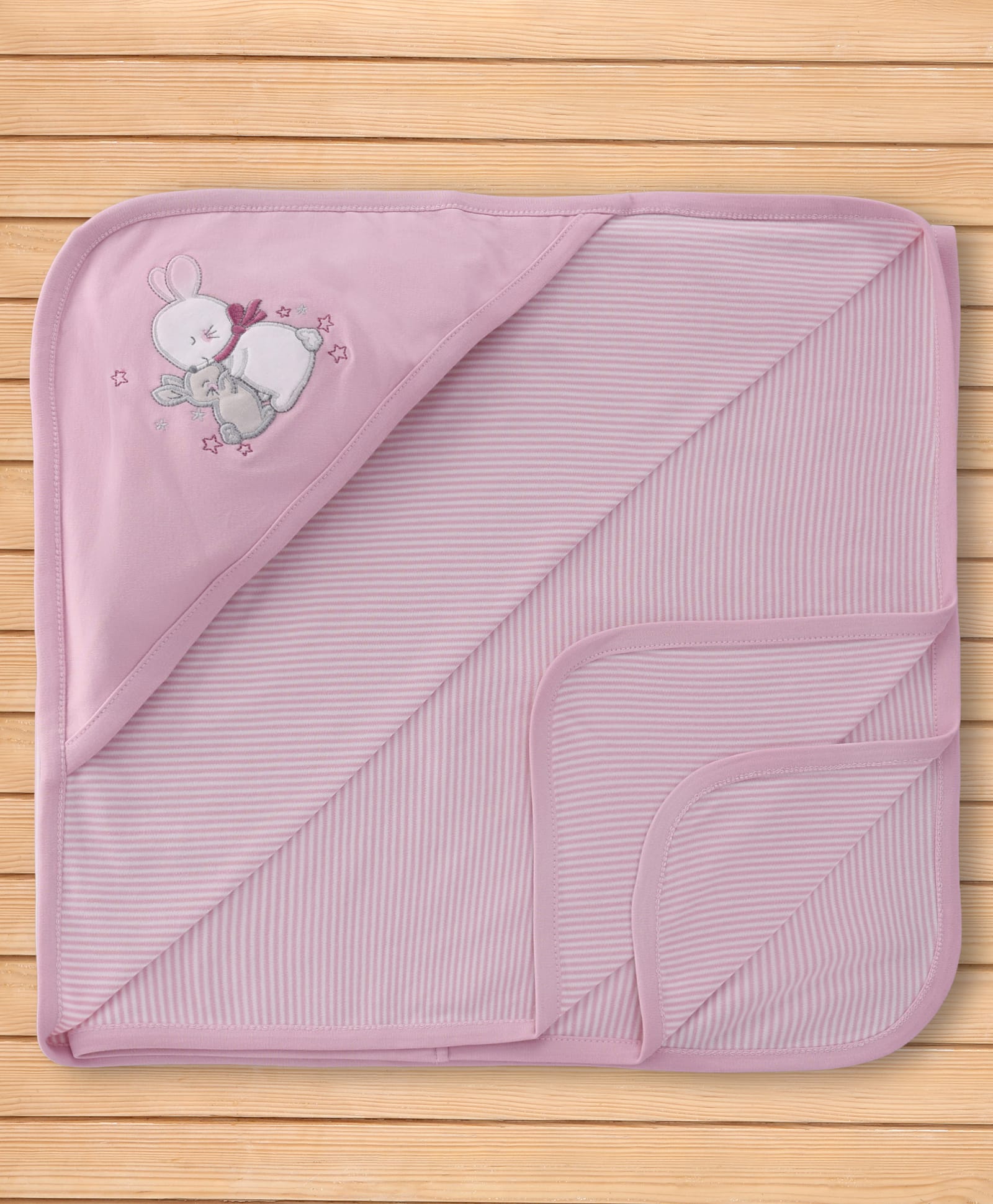 Pink Rabbit Interlock Knit Striped Towel With Rabbit & Star Embroidery L 81 x B 81 cm - Light Pink-image-31