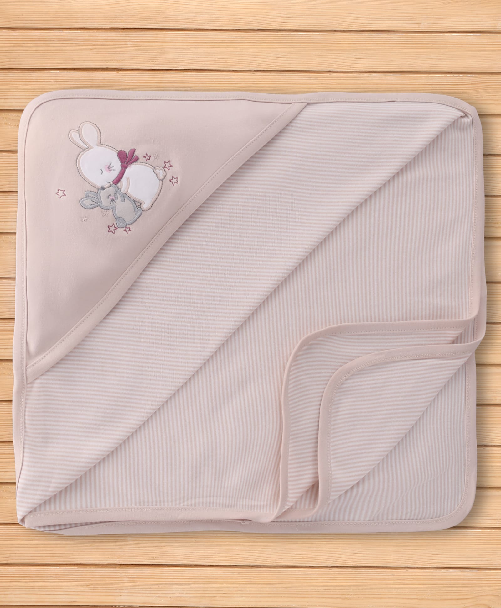 Pink Rabbit Interlock Knit Striped Towel With Rabbit & Star Embroidery L 81 x B 81 cm - Beige-picture-43