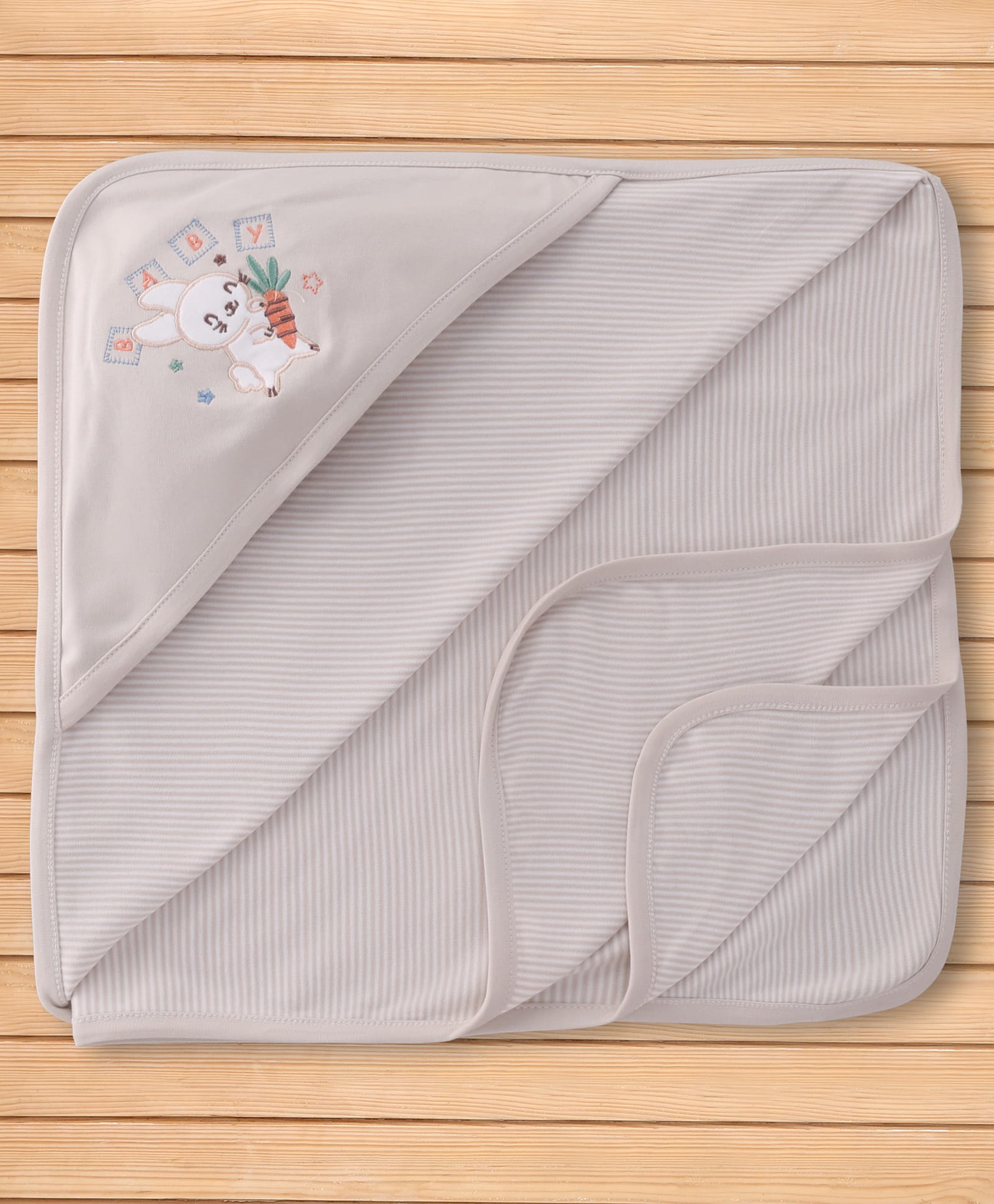 Pink Rabbit Interlock Knit Striped Towel With Rabbit & Carrot Embroidery L 81 x B 81 cm - Grey-image-43