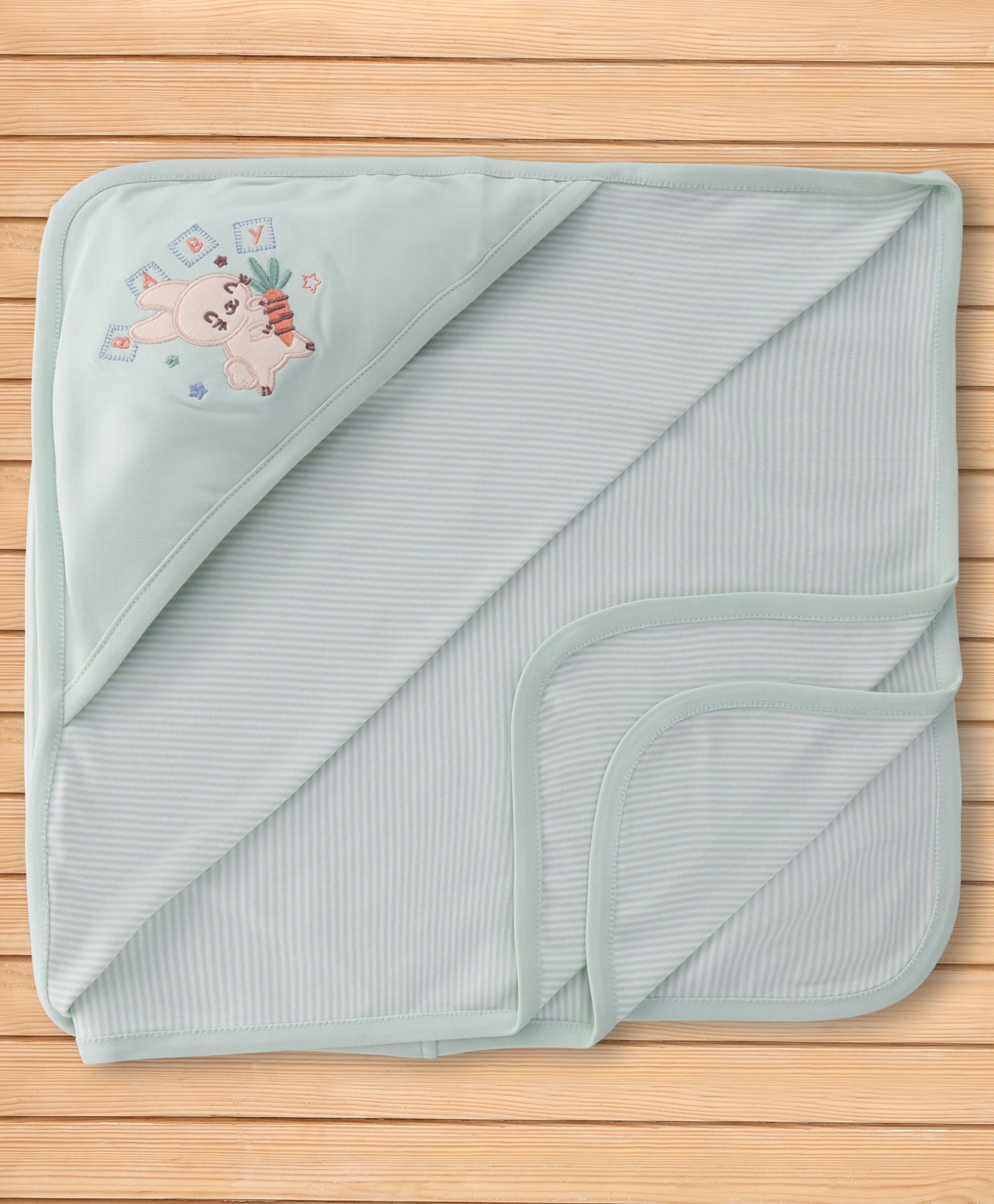 Pink Rabbit Interlock Knit Striped Towel With Rabbit & Carrot Embroidery L 81 x B 81 cm - Green-image-30