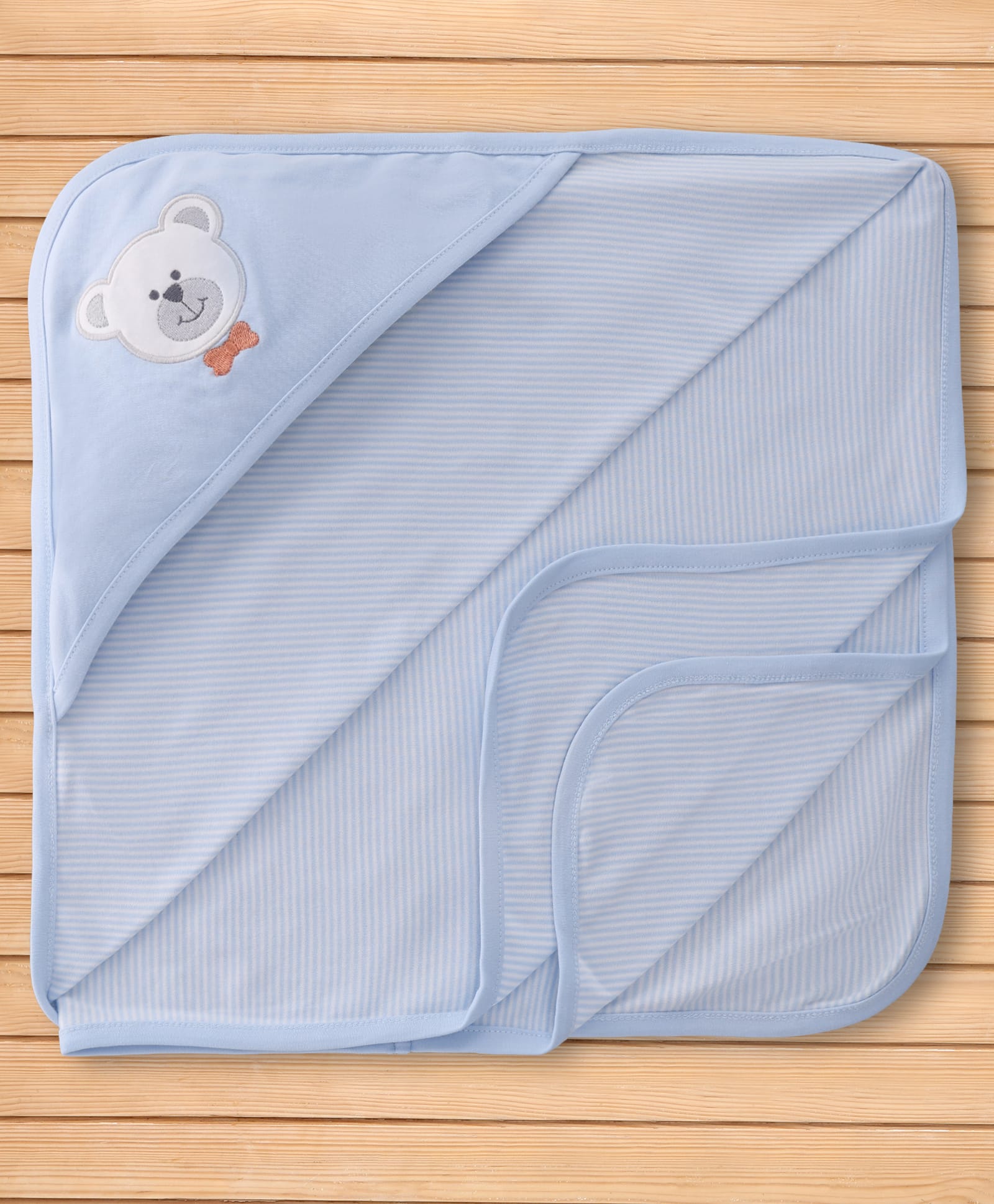 Pink Rabbit Interlock Knit Striped Towel With Teddy Face Embroidery L 81 x B 81 cm - Blue-image-38