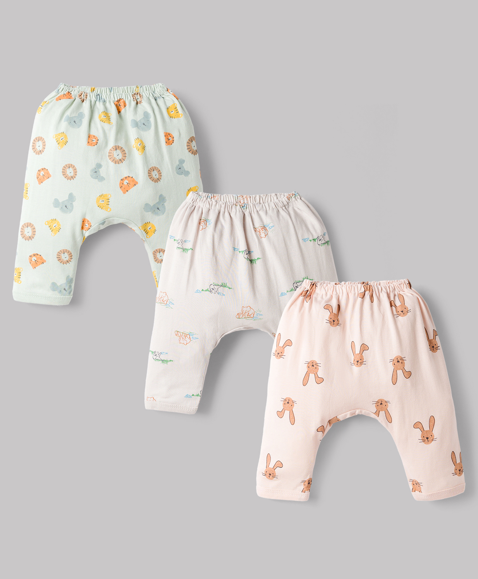 Pink Rabbit Sinker Knit Full Length Diaper Leggings with Animals Print Pack of 3 - Mint Pink & Light Grey-image-46
