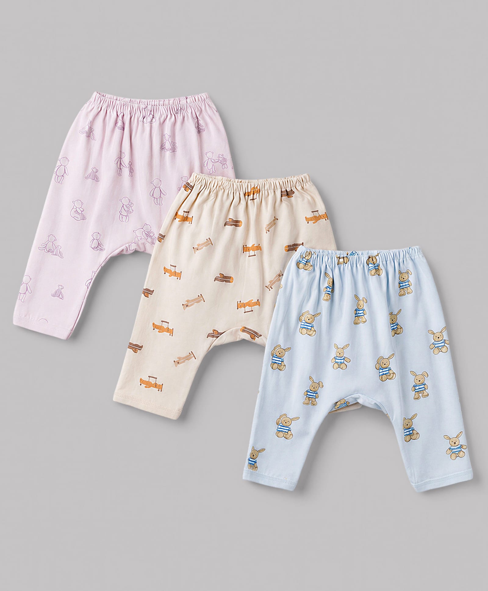 Pink Rabbit Sinker Knit Full Length Man & Boy Teddy Bear & Aeroplane Printed Diaper Leggings Pack of 3 - Light Blue Pink & Cream-picture-13