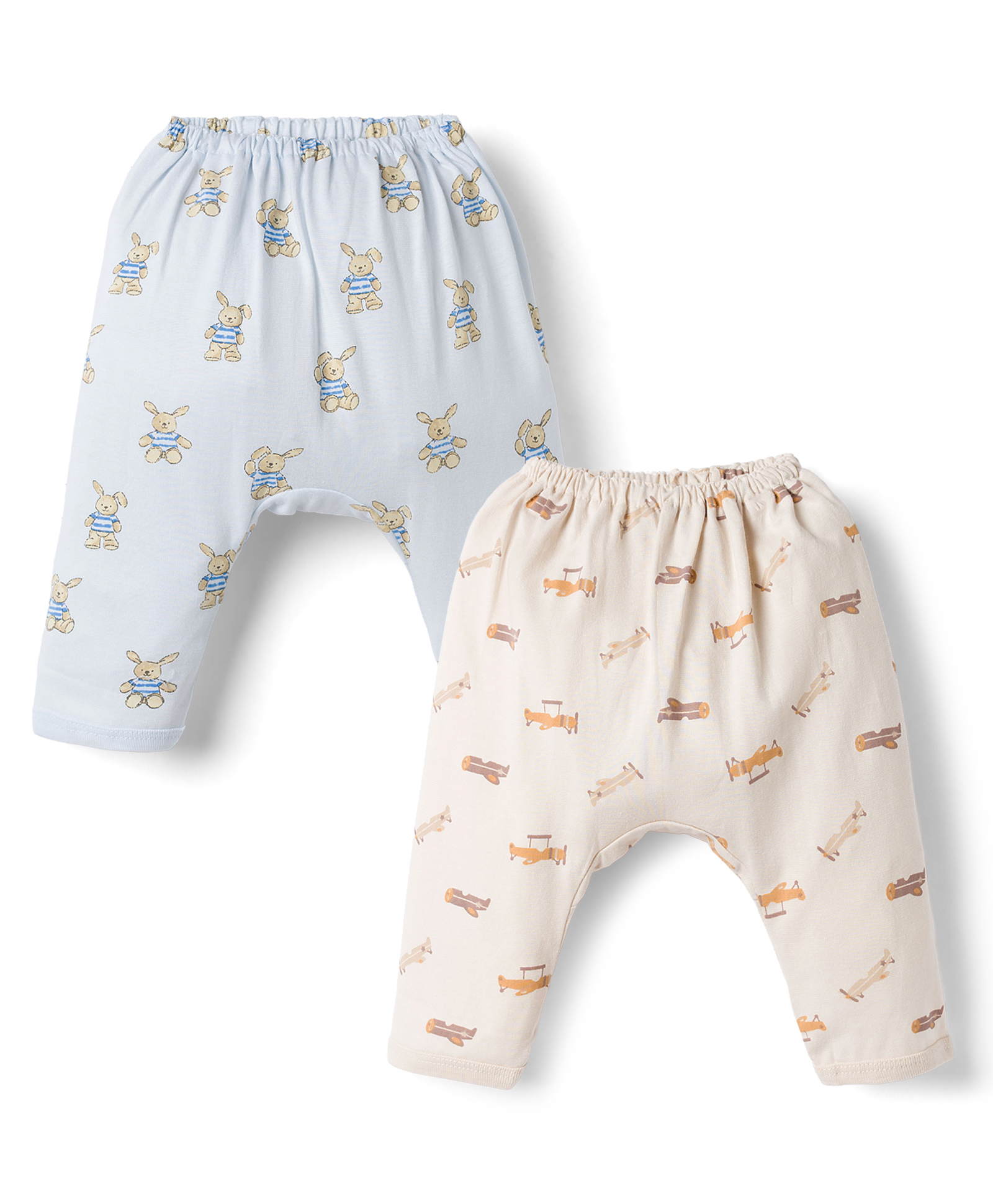 Pink Rabbit Sinker Knit Full Length Diaper Leggings with Animals & Aeroplane Print Pack of 2 - Cream & Light Blue-picture-18