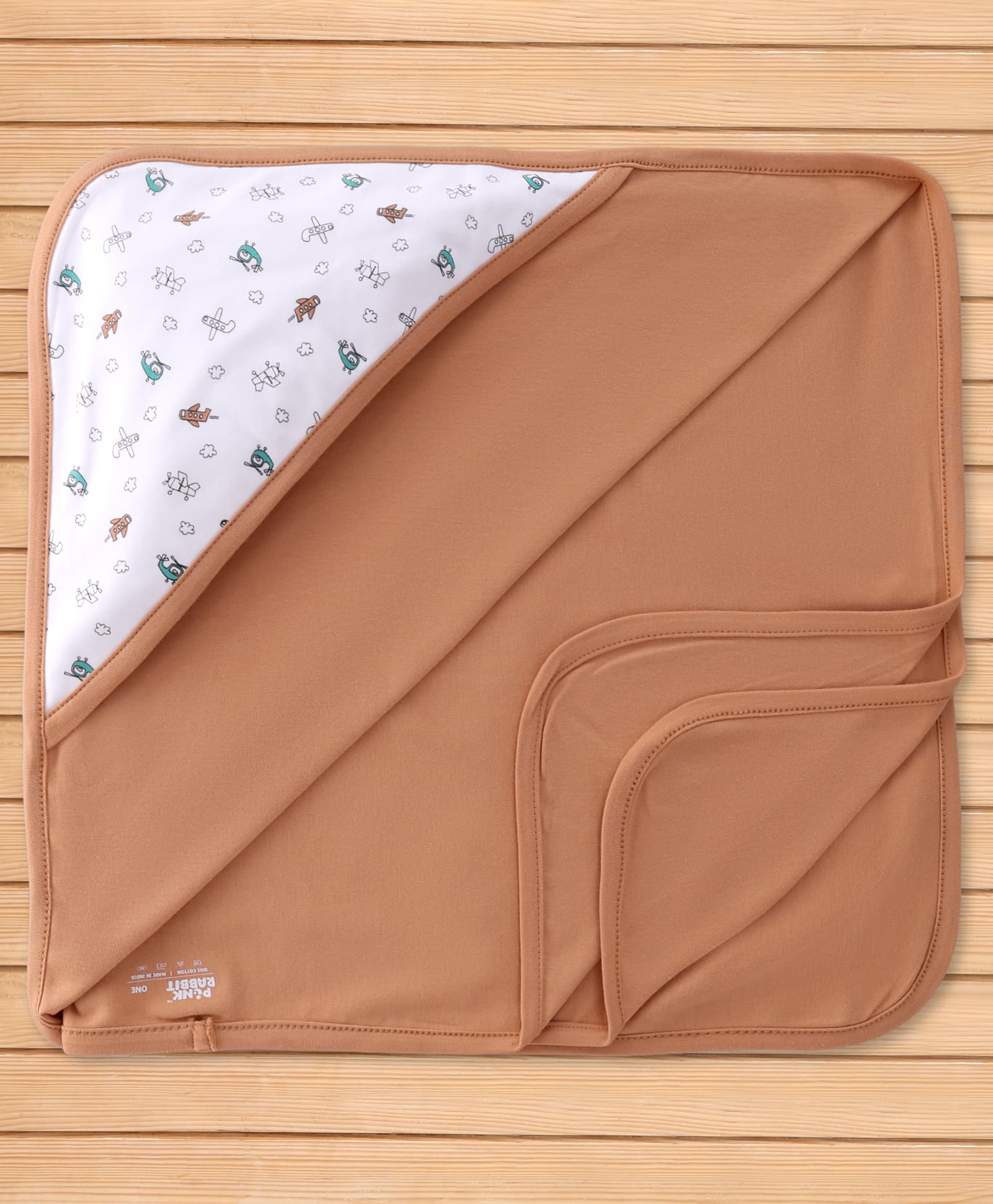 Pink Rabbit Interlock Knit Towel With Aeroplane & Helicopter Print L 81 x B 81 cm - Brown-image-6