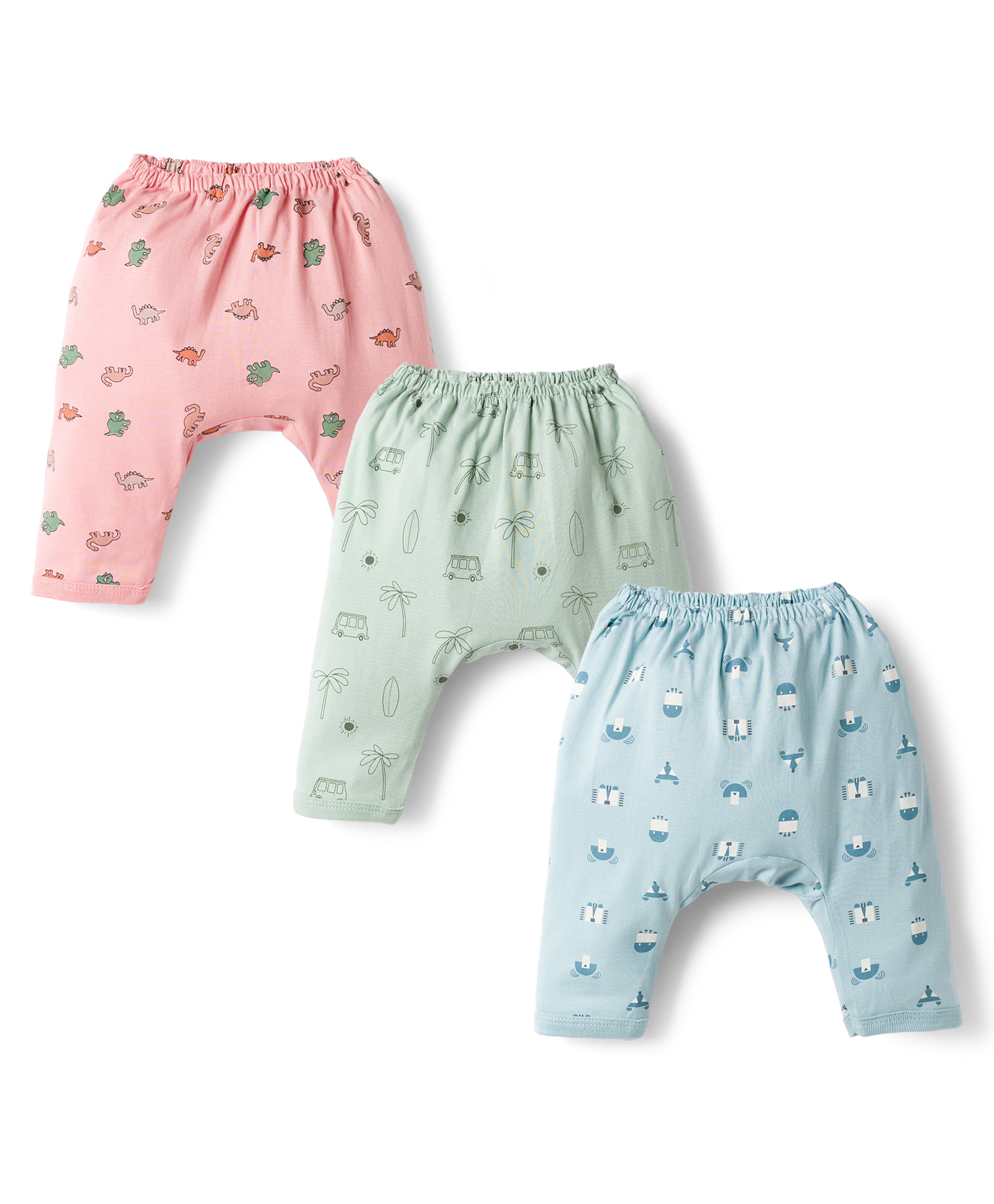 Pink Rabbit Sinker Knit Full Length Diaper Leggings with Animals & Beach Theme Print Pack of 3 -Pink Light Green & Light Blue-picture-30