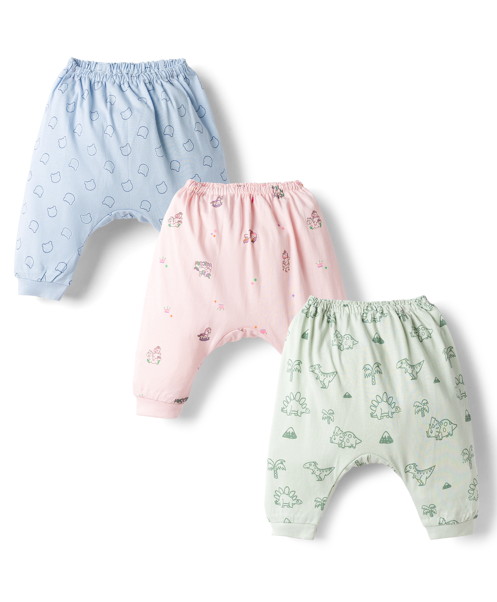 Pink Rabbit Sinker Knit Full Length Diaper Leggings with Bear Dino & Unicorn Print Pack of 3 - Light Green Pink & Light Blue-picture-20