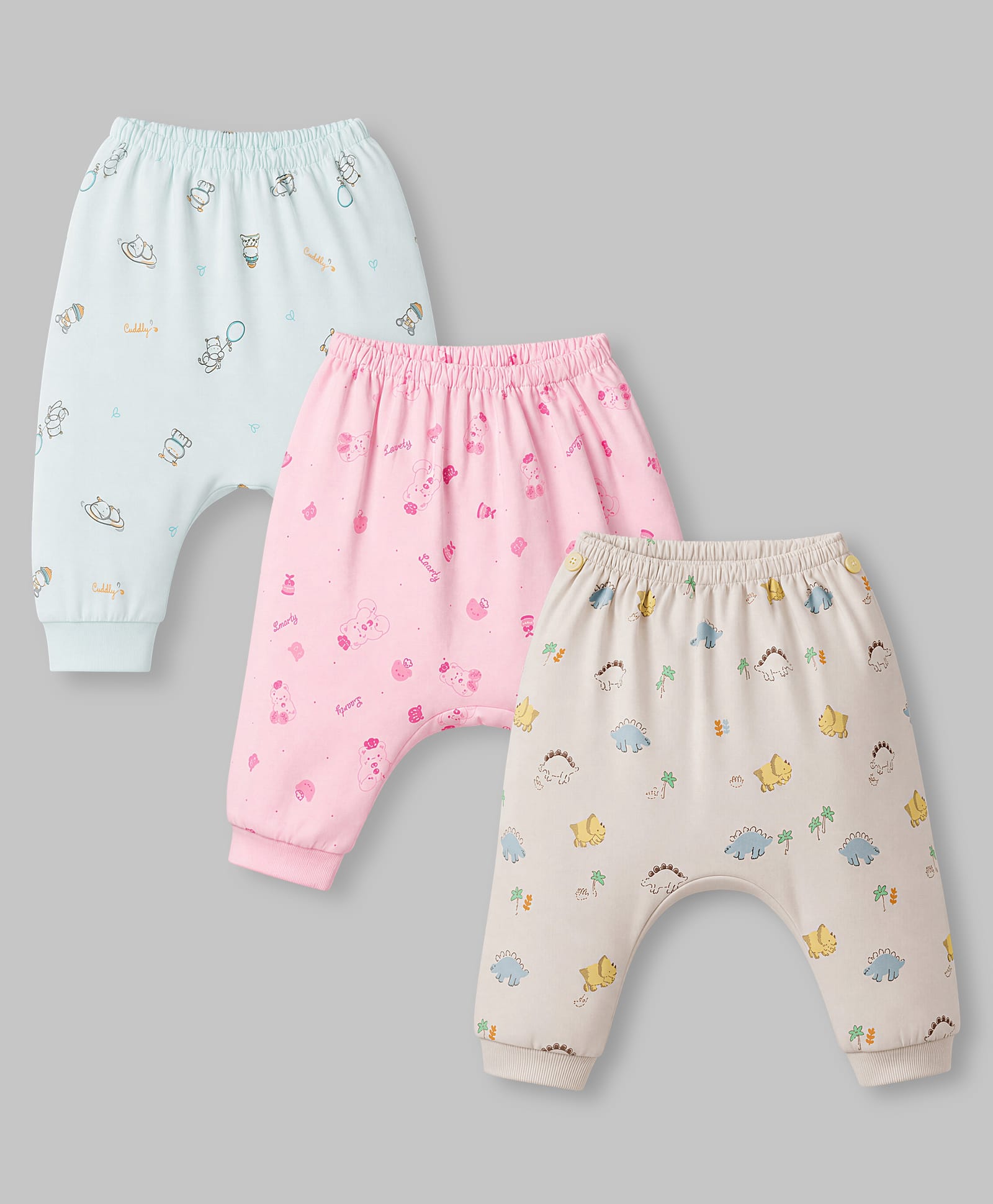 Pink Rabbit Sinker Knit Full Length Dino Teddy & Lovely Text & Ballon Printed Diaper Leggings Pack of 3 - Light Blue Pink & Cream-picture-13