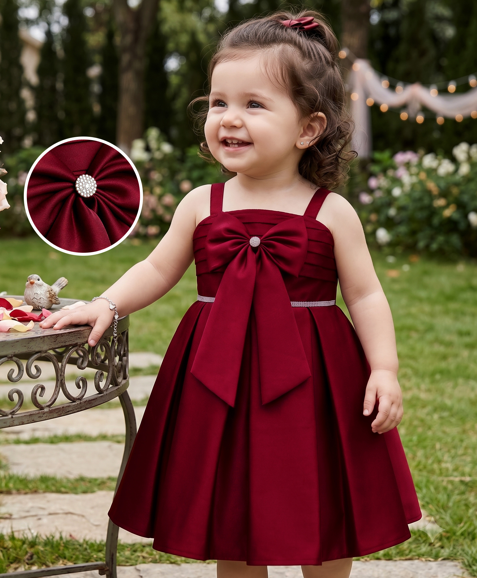 Babyhug Satin Woven Sleeveless Pleated Party Dress With Bow Applique & Embellishment - Wine-image-25