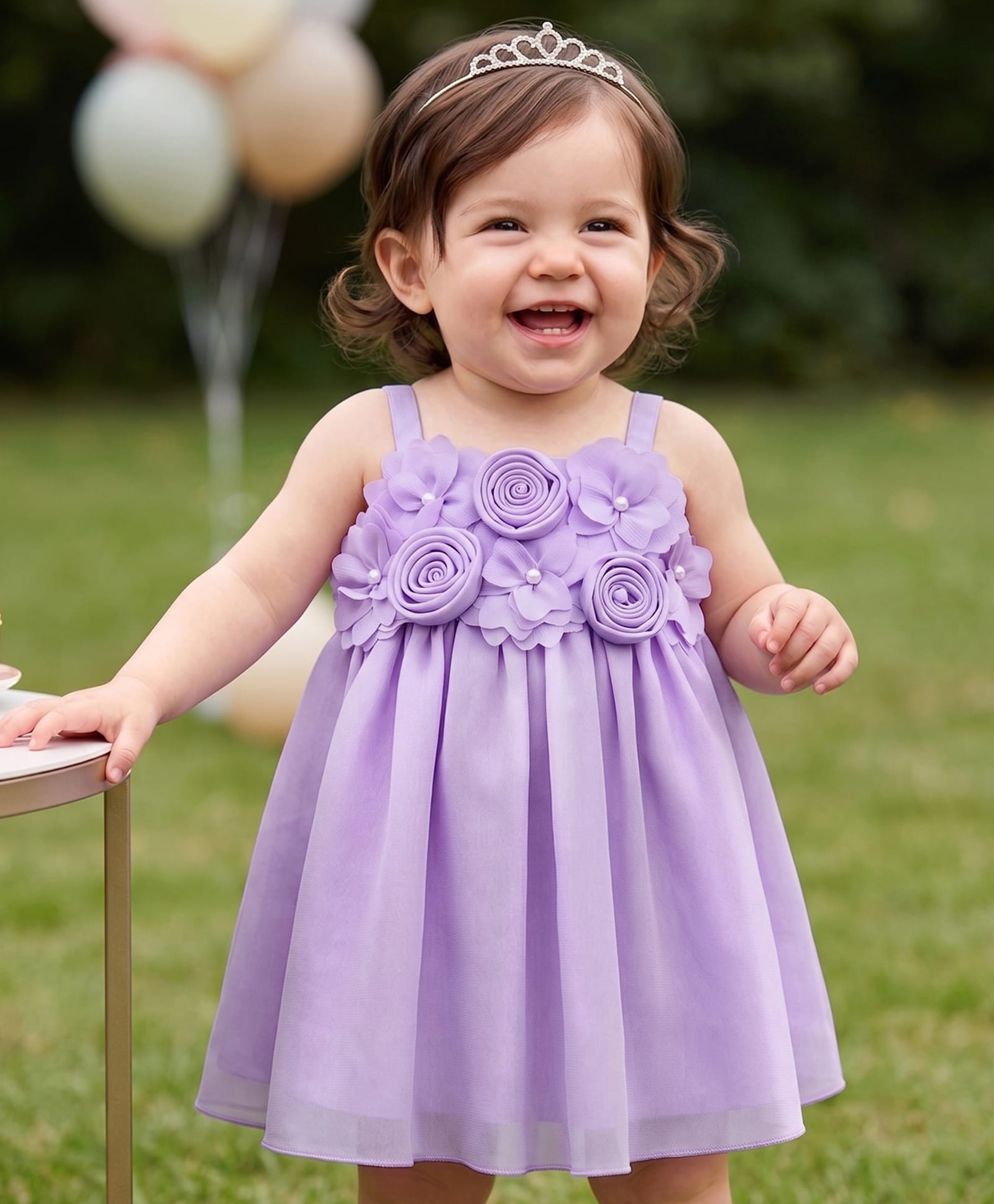 Babyhug Woven Sleeveless Dress with Floral Corsage & Pearl Embellishment - Lilac-picture-21