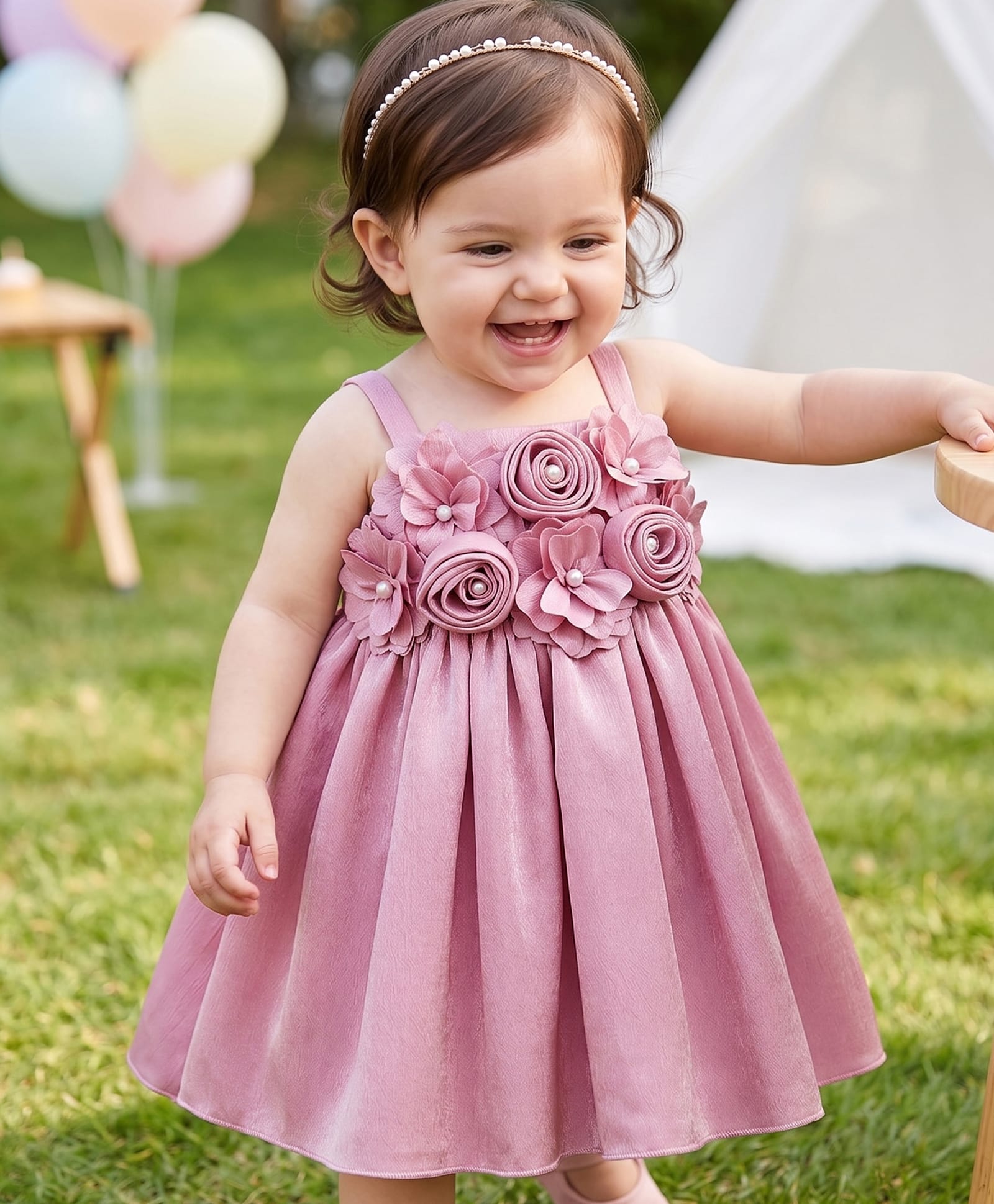 Babyhug Woven Sleeveless Dress with Floral Corsage & Pearl Embellishment - Mauve-image-25