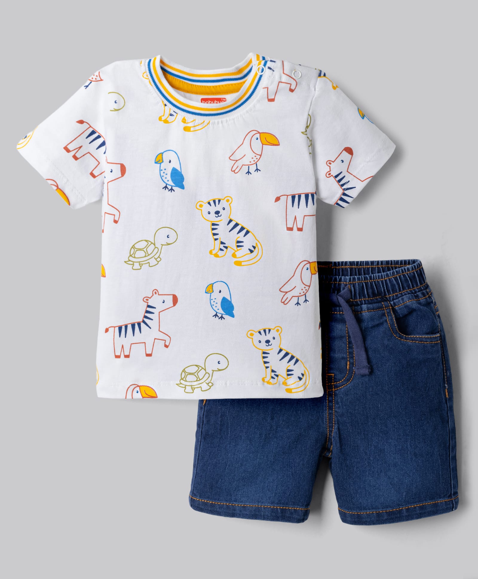Babyhug Single Jersey Knit Half Sleeves Wild Animals Printed T-Shirt & Denim Shorts Set - White-picture-17