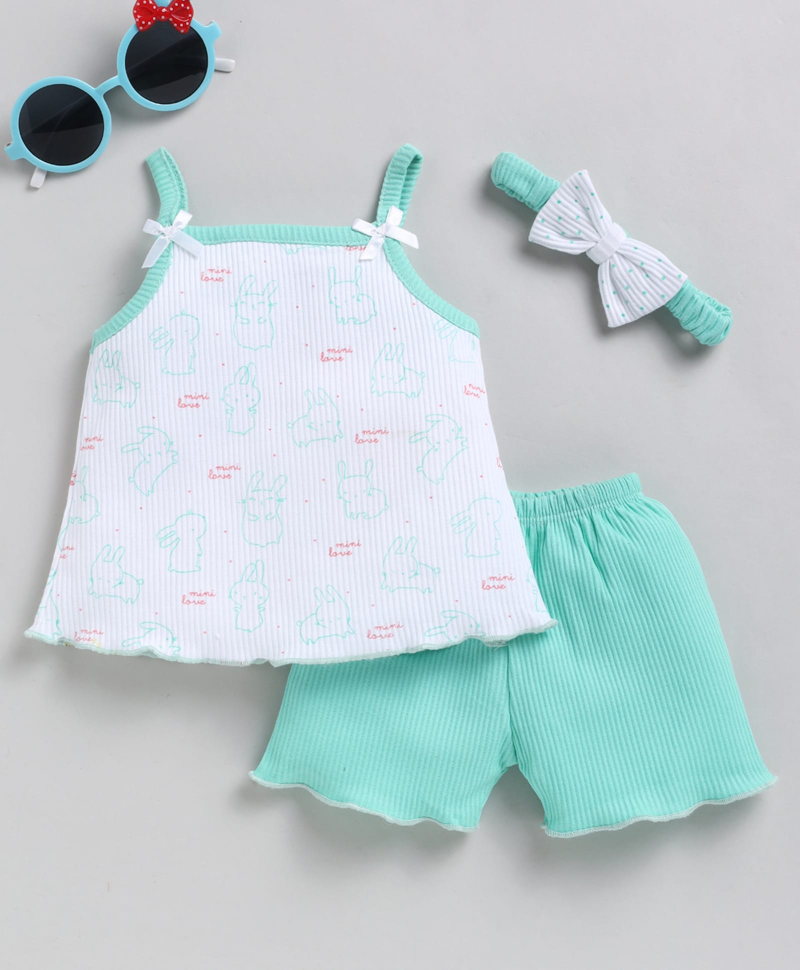 Wonderchild Sleeveless Bunny Printed Bow Applique Detailed Top & Shorts Set With Headband - Green-image-1