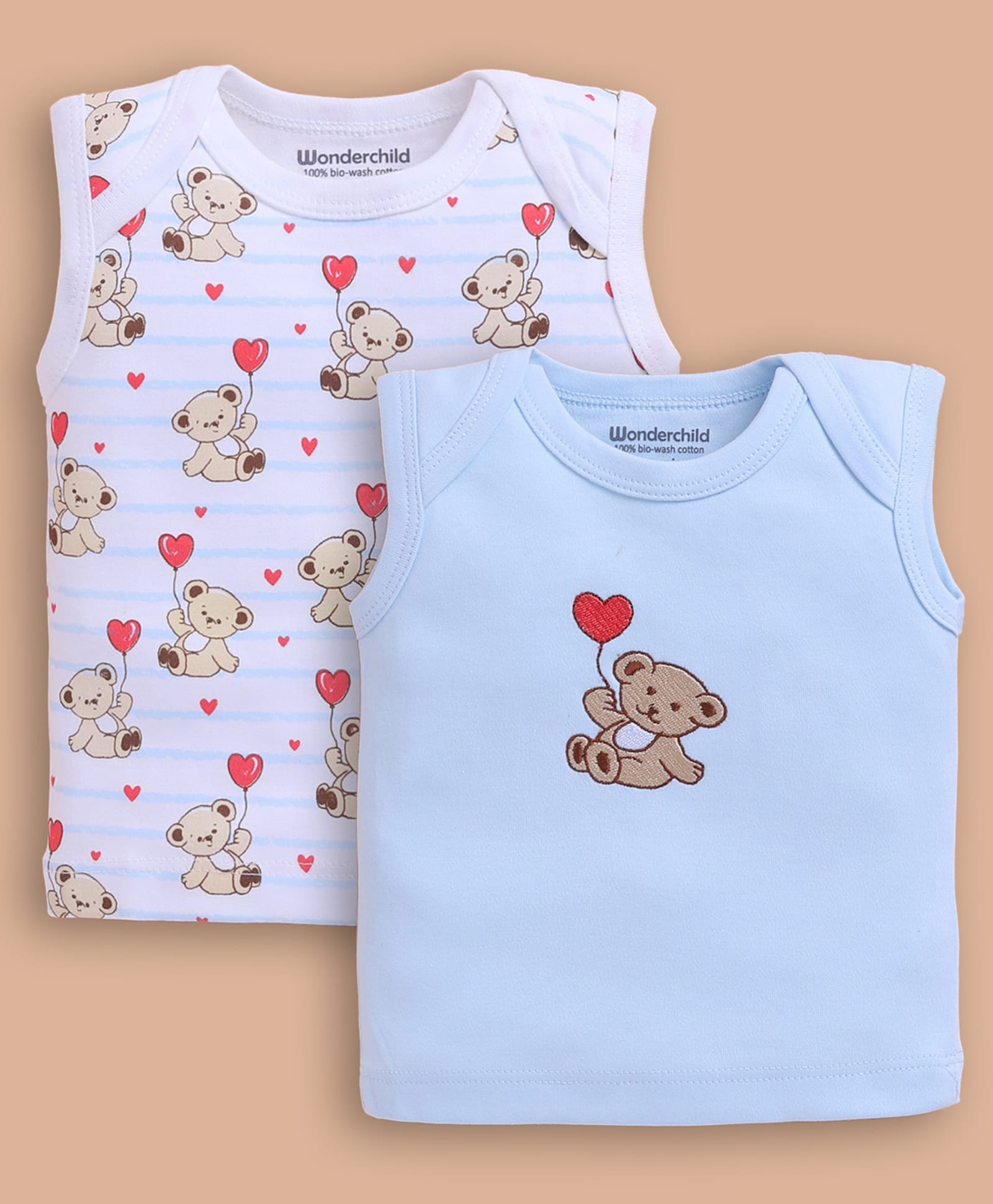 Wonderchild Pack Of 2 Sleeveless Teddy Bear Embroidered & Printed Vests - Blue & White-image-1