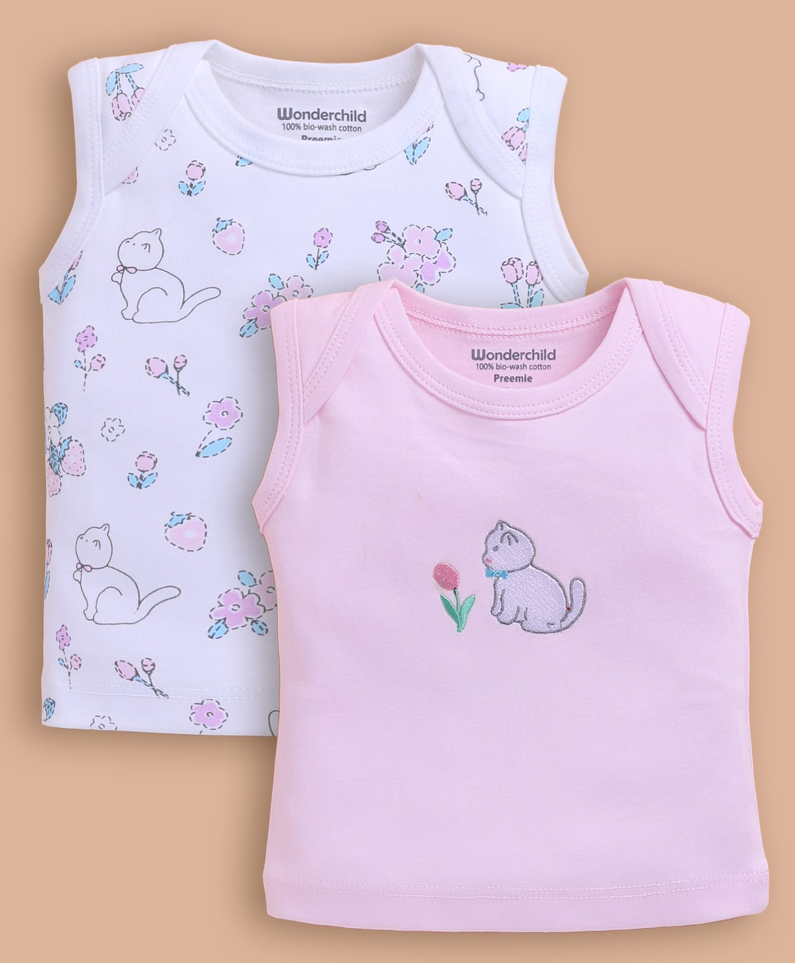 Wonderchild Pack Of 2 Sleeveless Kitten Embroidered & Printed Vests - Pink & White-image-25