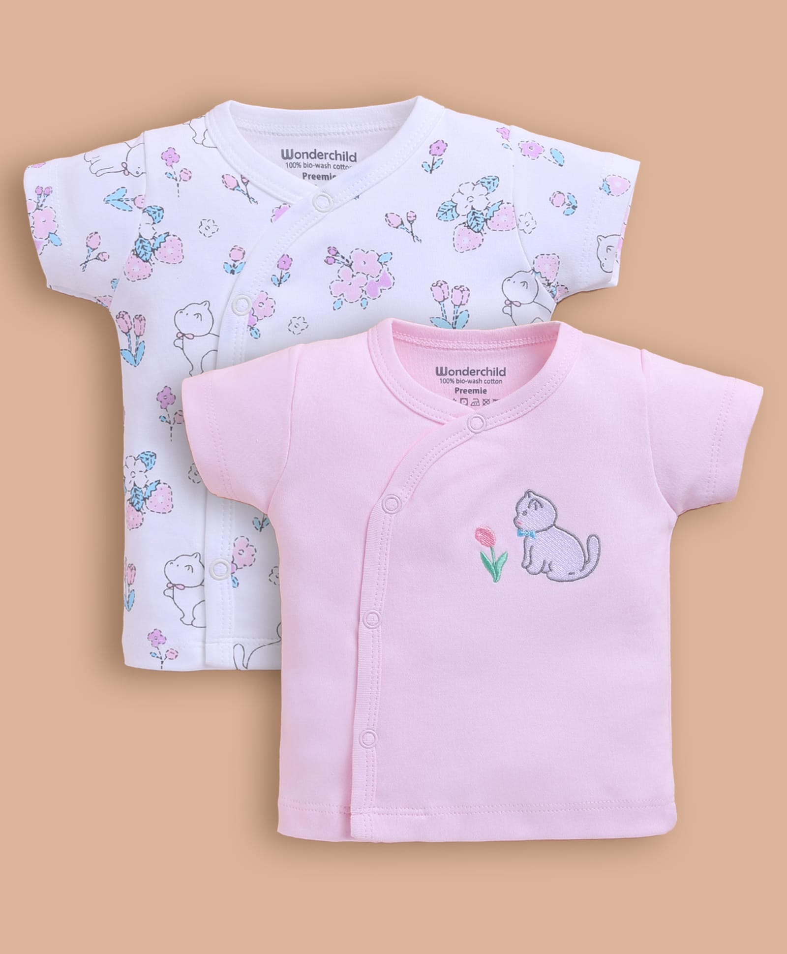 Wonderchild Pack Of 2 Half Sleeves Kitten Embroidered & Printed Jhablas - Pink & White-image-24